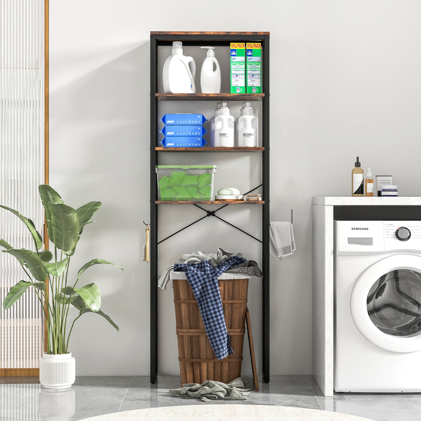 4 Tier Over-the-Toilet Storage Rack with Adjustable Feet & Durable Metal Frame