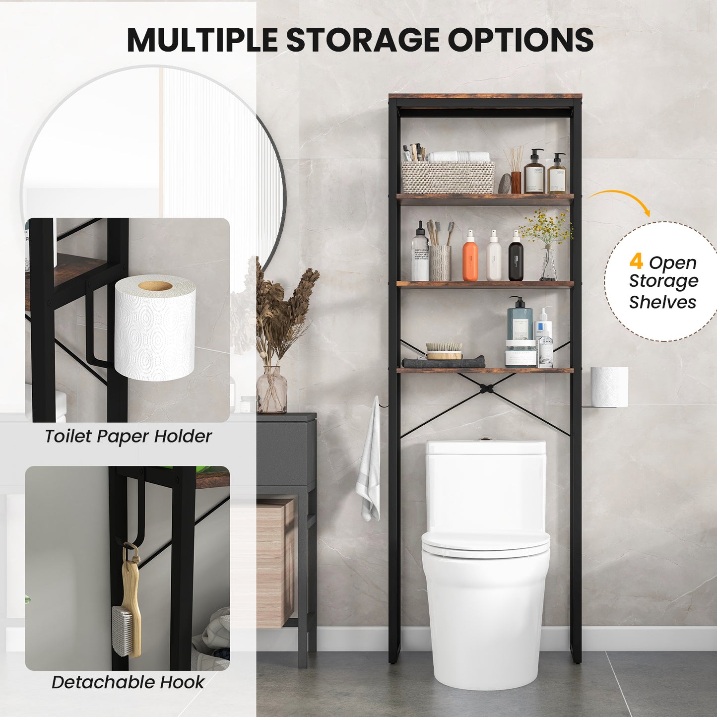 4 Tier Over-the-Toilet Storage Rack with Adjustable Feet & Durable Metal Frame