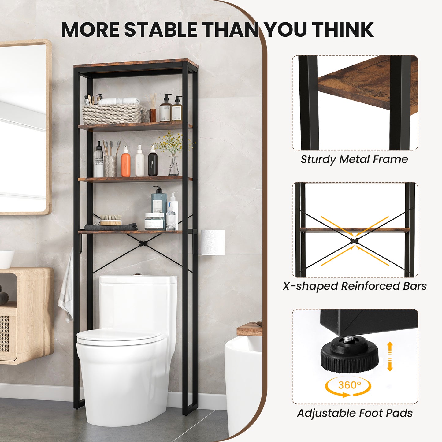 4 Tier Over-the-Toilet Storage Rack with Adjustable Feet & Durable Metal Frame