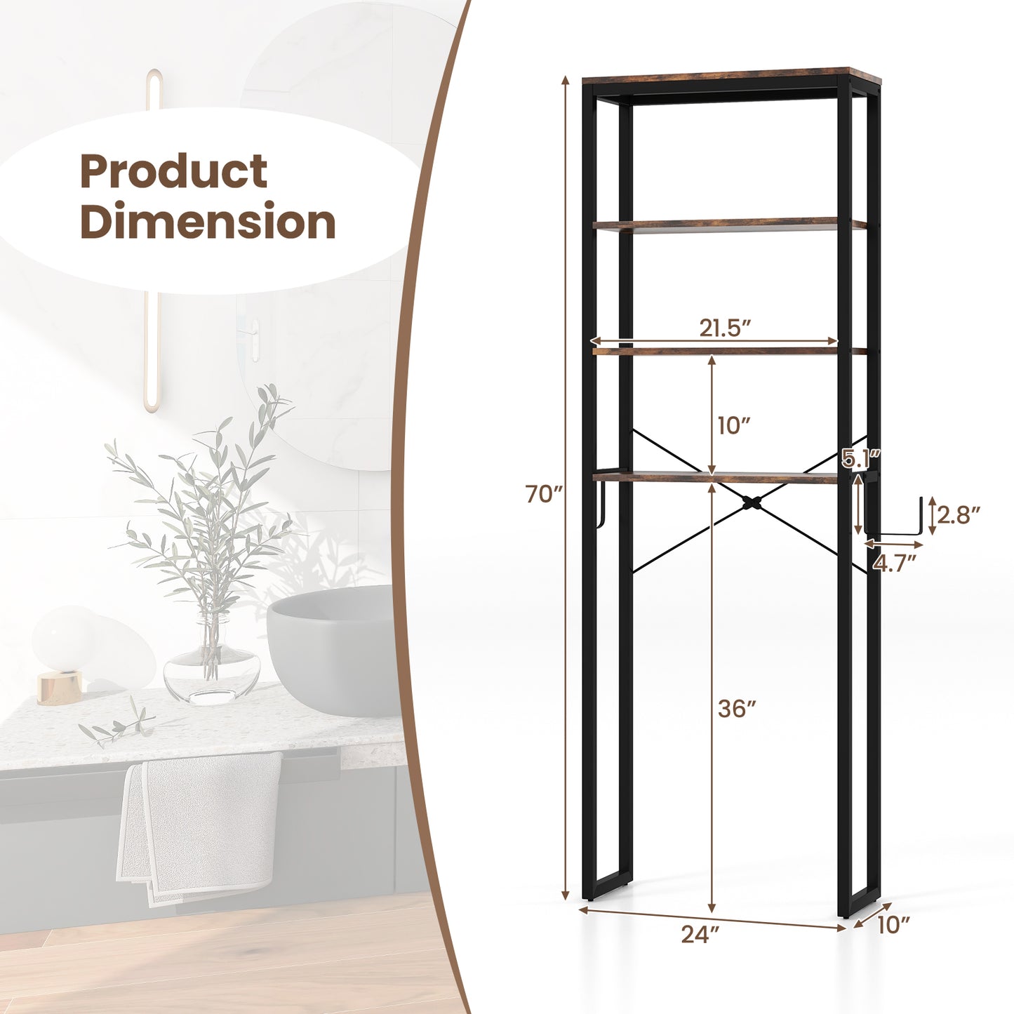 4 Tier Over-the-Toilet Storage Rack with Adjustable Feet & Durable Metal Frame