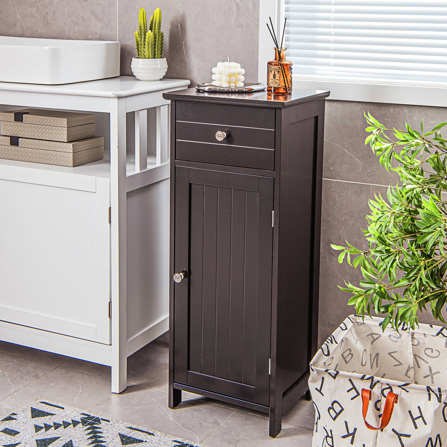 Compact Wooden Bathroom Storage Cabinet with Adjustable Shelf & Drawer