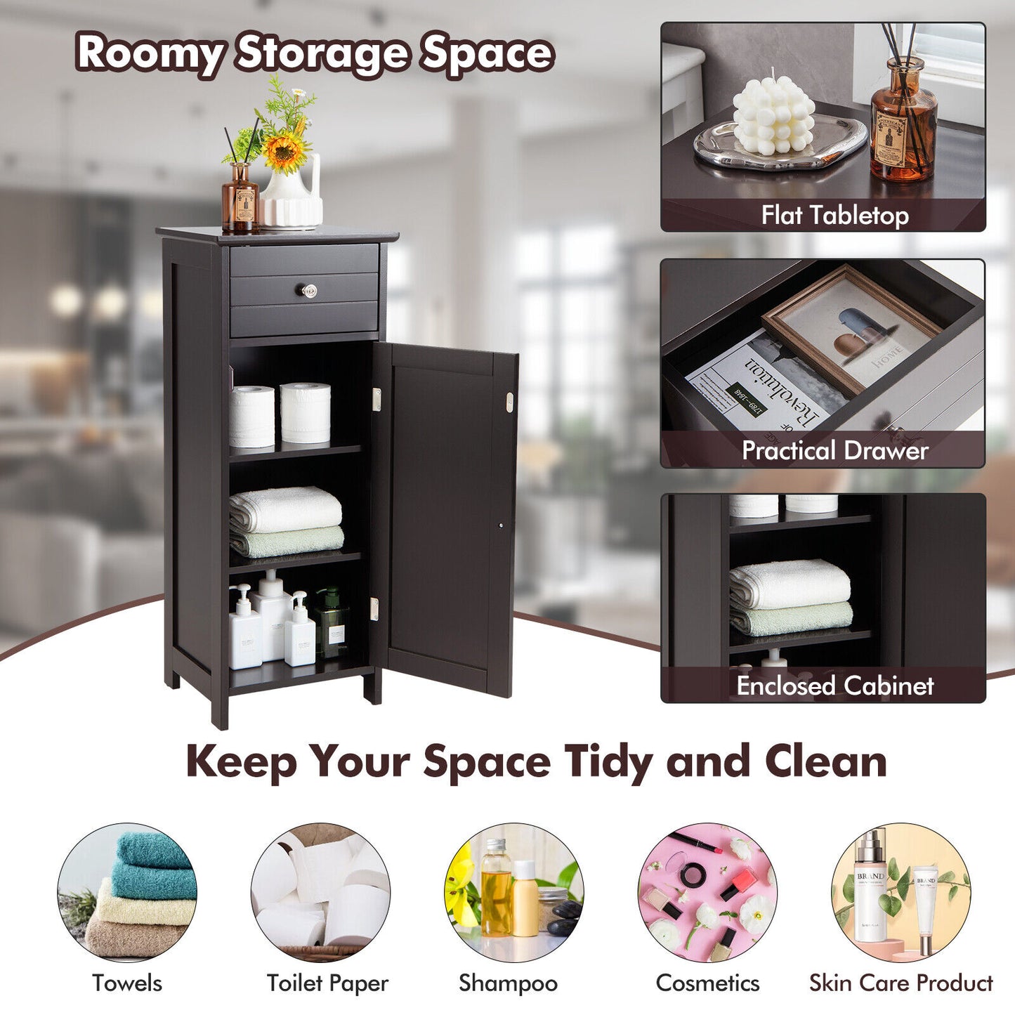 Compact Wooden Bathroom Storage Cabinet with Adjustable Shelf & Drawer