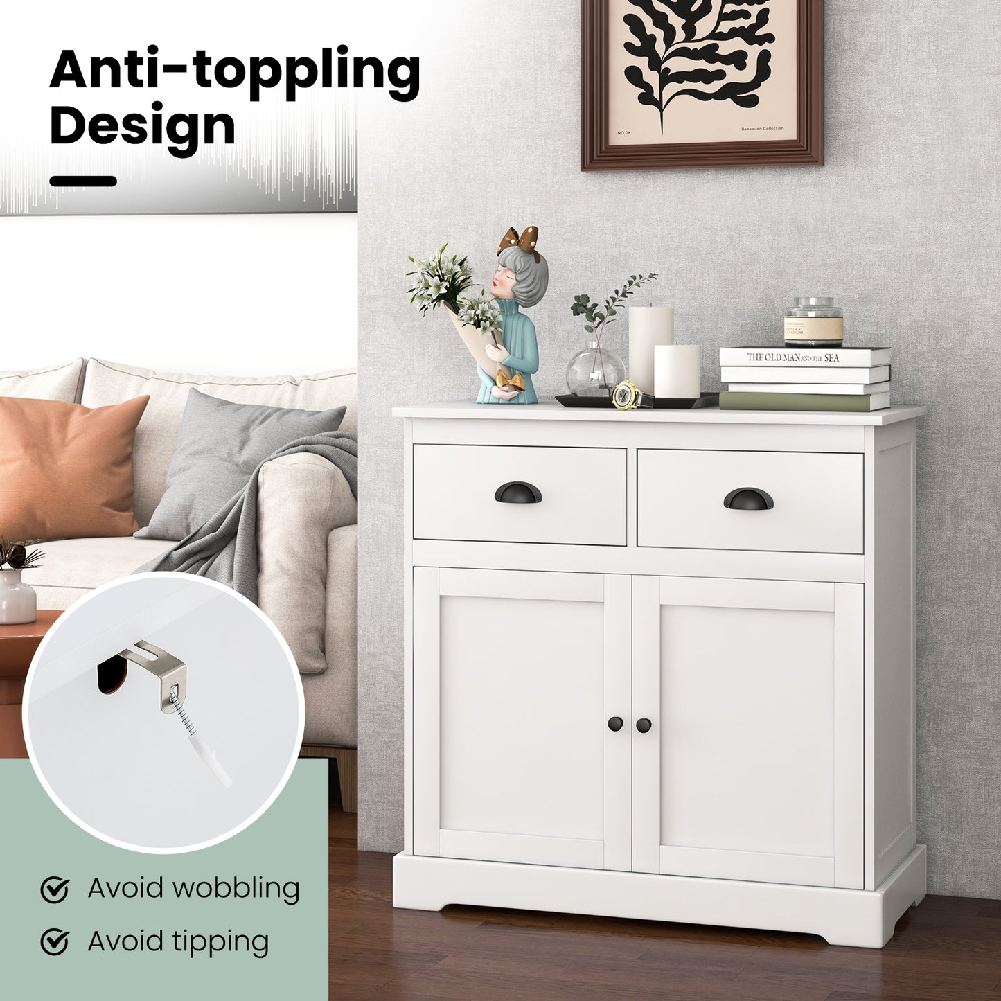 Buffet Sideboard Cabinet with Double Doors Storage Drawers and Adjustable Shelf for Home Organization