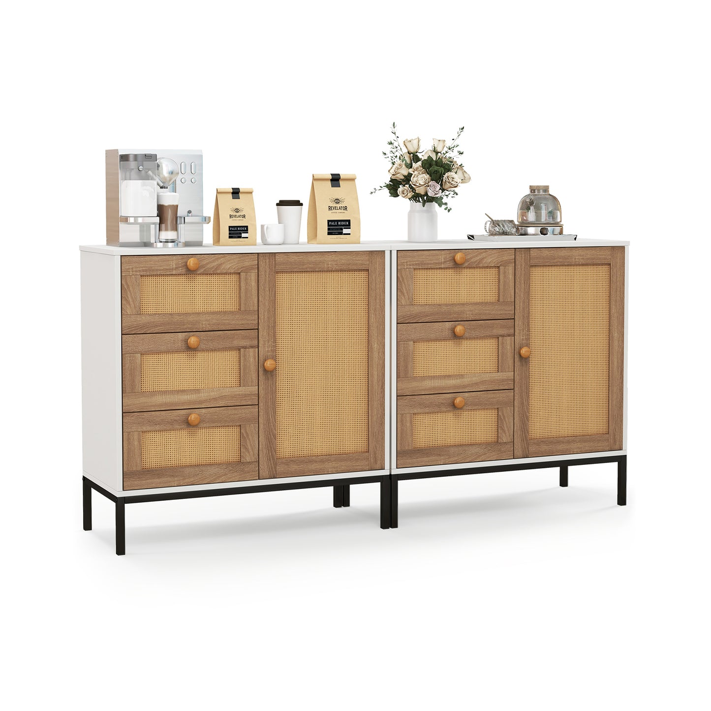 Modern Rattan Storage Cabinet with 1 Door 3 Drawers and Metal Legs for Dining Room or Living Space