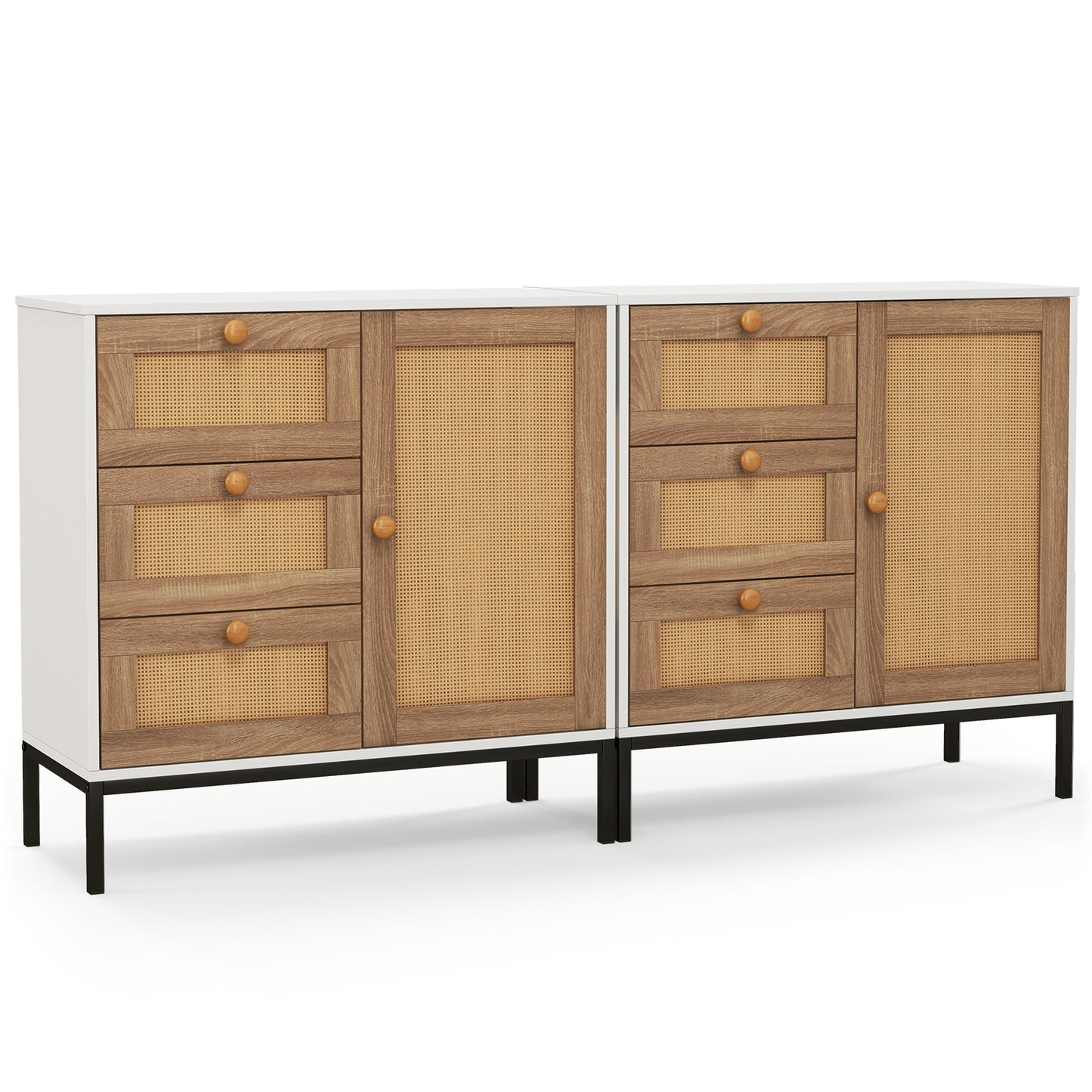 Modern Rattan Storage Cabinet with 1 Door 3 Drawers and Metal Legs for Dining Room or Living Space