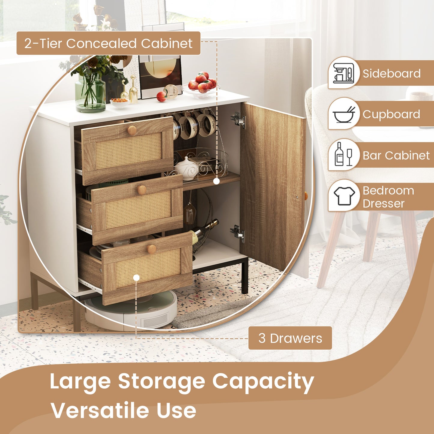 Modern Rattan Storage Cabinet with 1 Door 3 Drawers and Metal Legs for Dining Room or Living Space