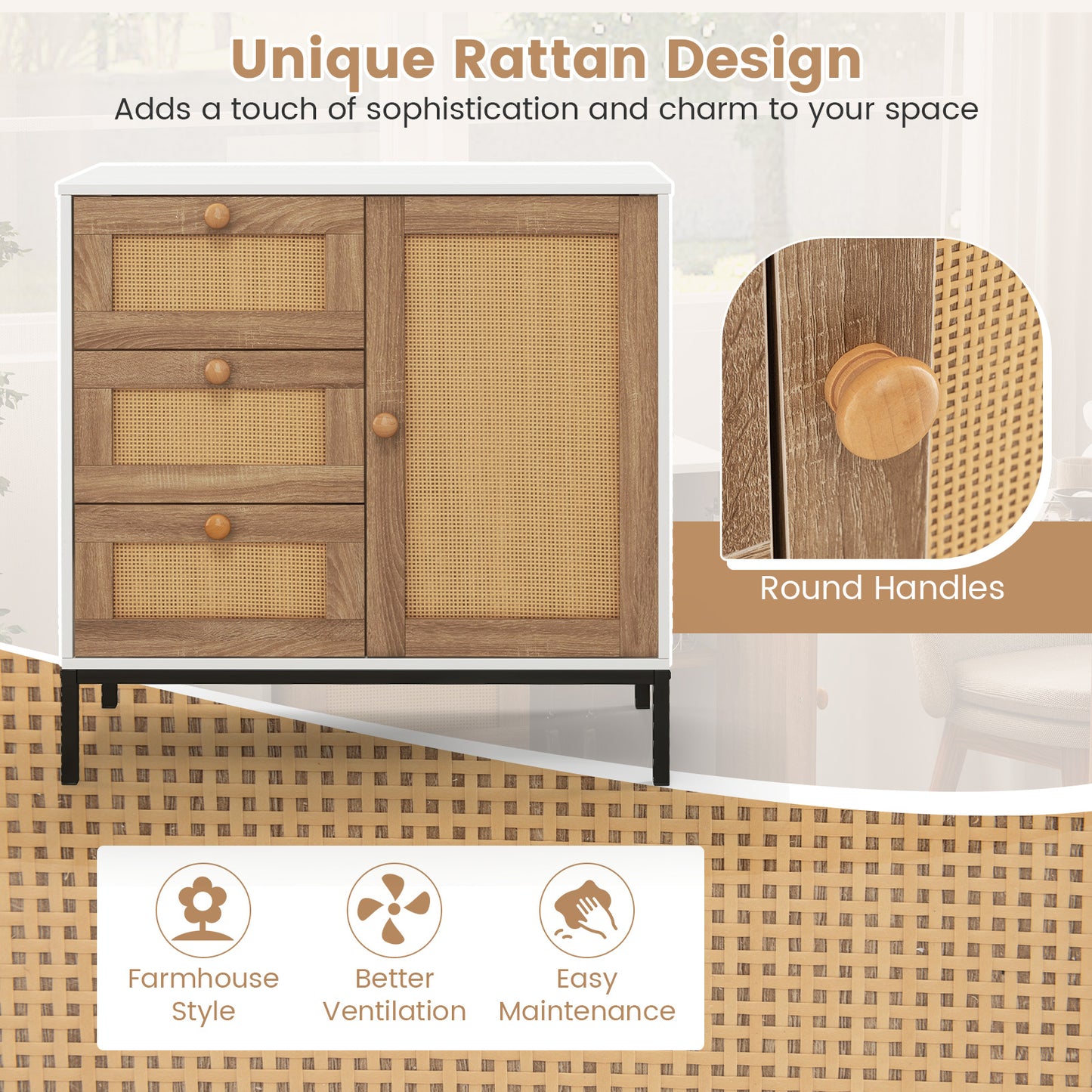 Modern Rattan Storage Cabinet with 1 Door 3 Drawers and Metal Legs for Dining Room or Living Space