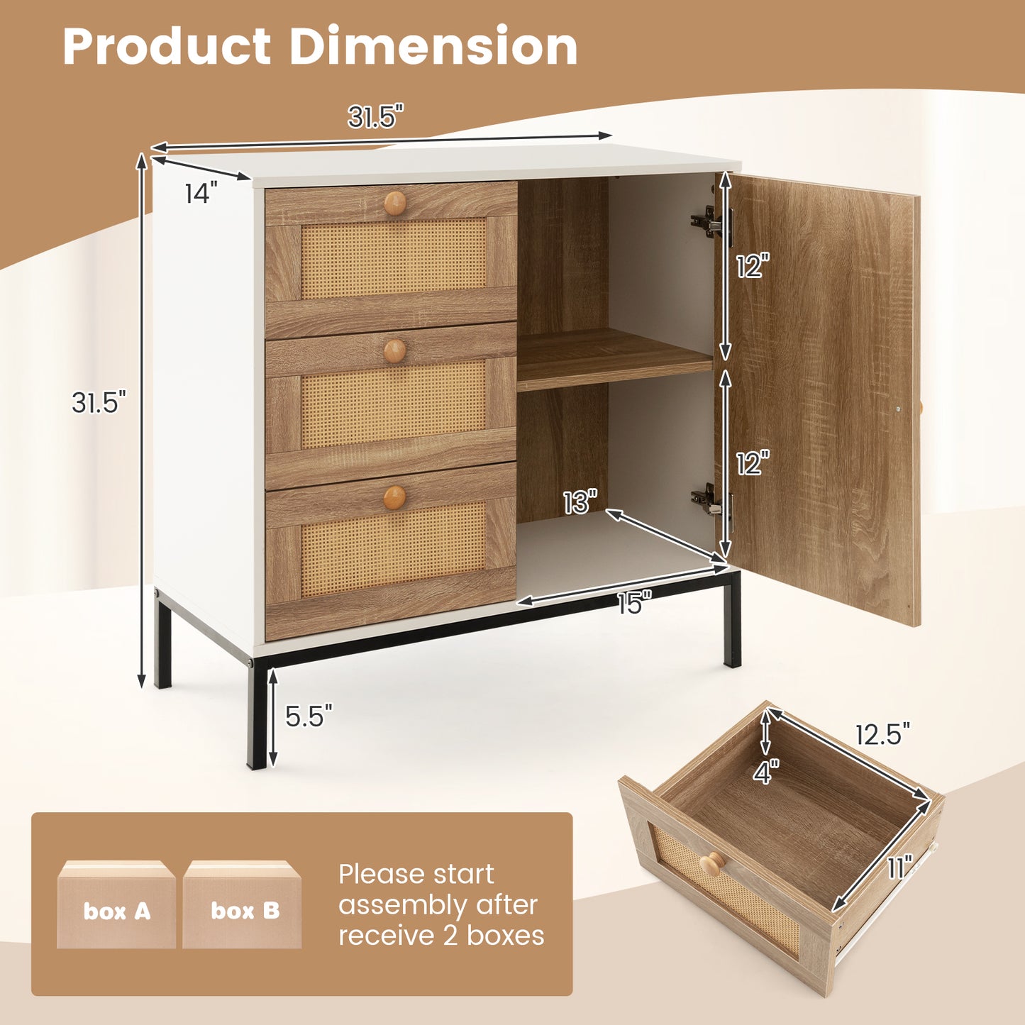 Modern Rattan Storage Cabinet with 1 Door 3 Drawers and Metal Legs for Dining Room or Living Space