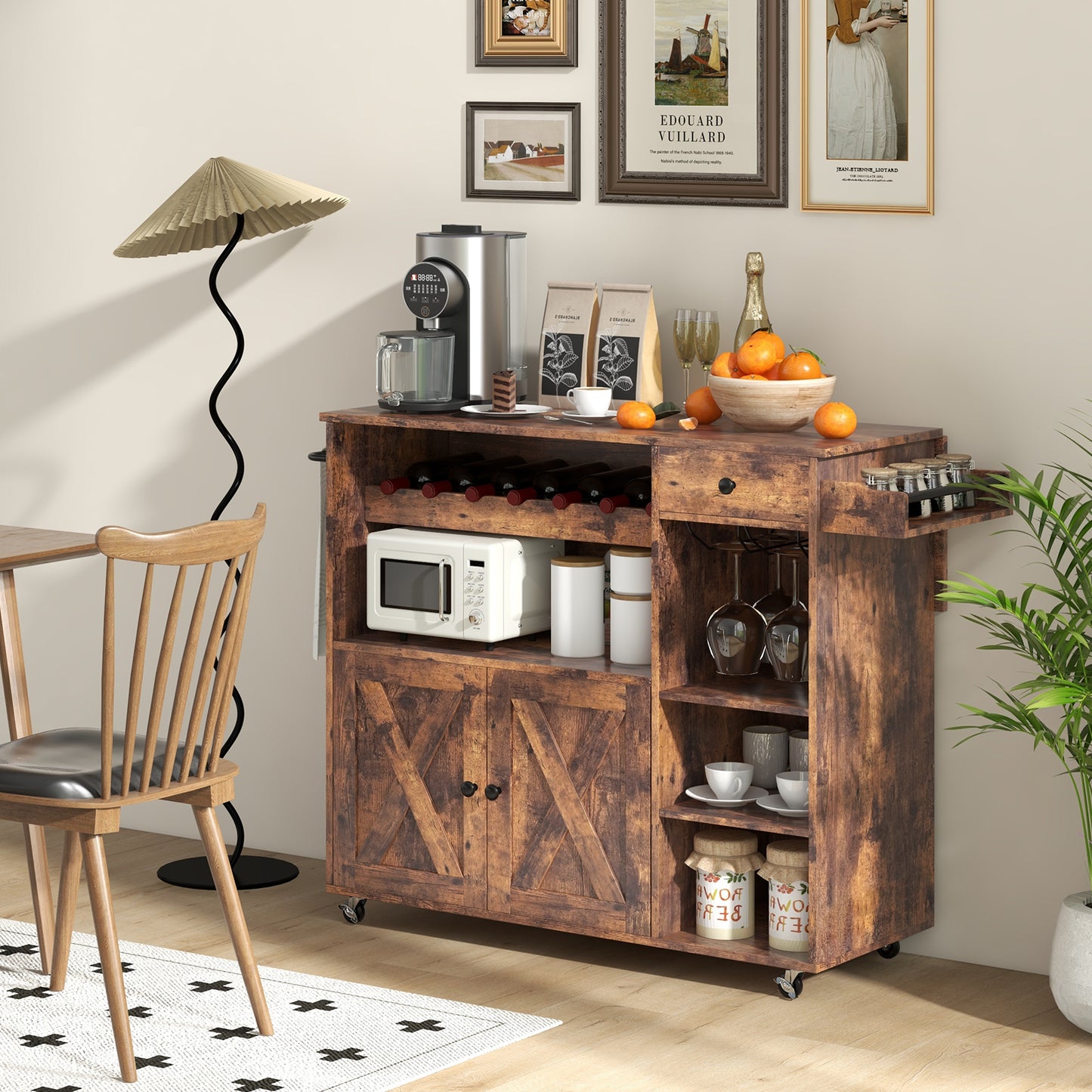 Mobile Kitchen Island Cart with Expandable Drop Leaf and Built-In Wine Storage
