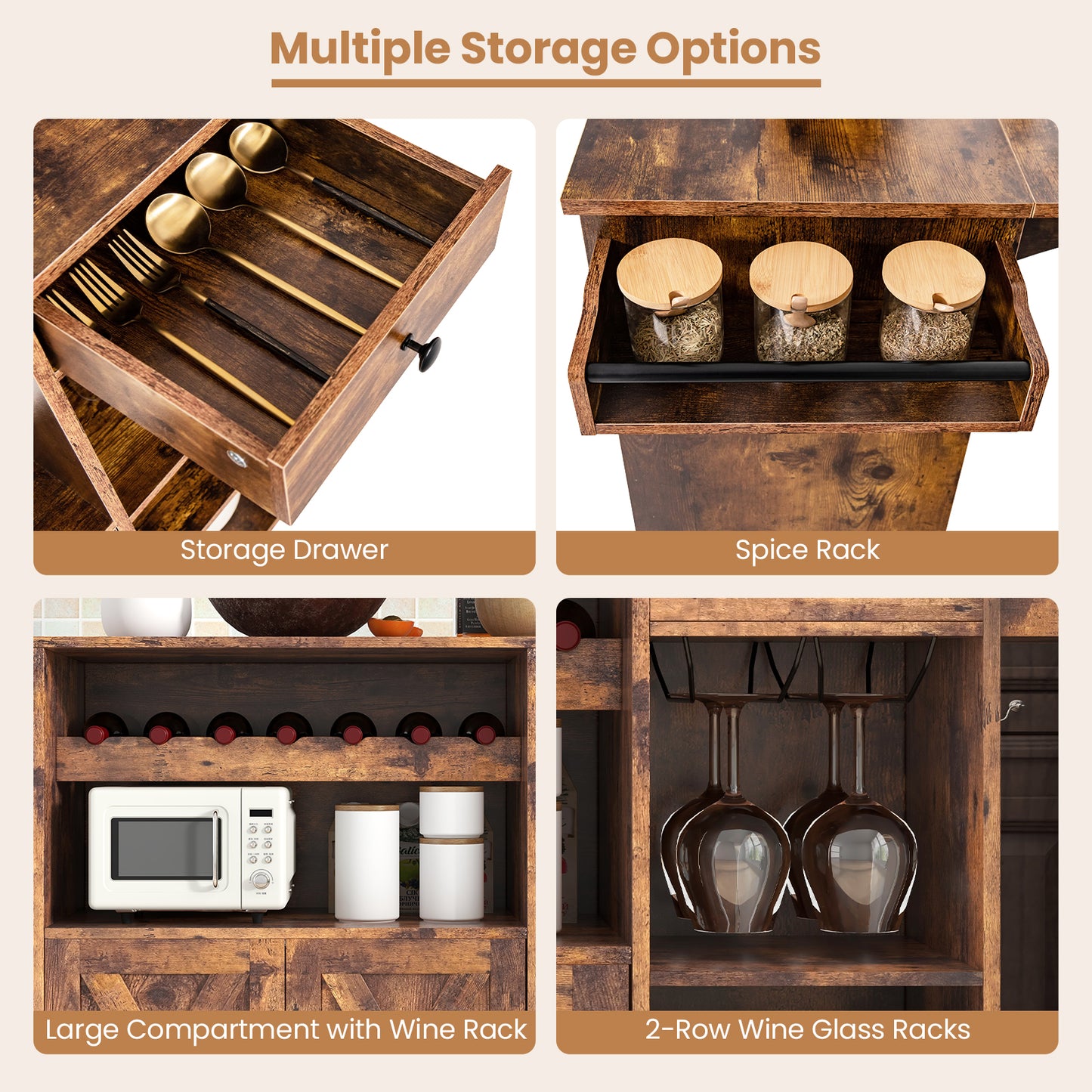 Mobile Kitchen Island Cart with Expandable Drop Leaf and Built-In Wine Storage