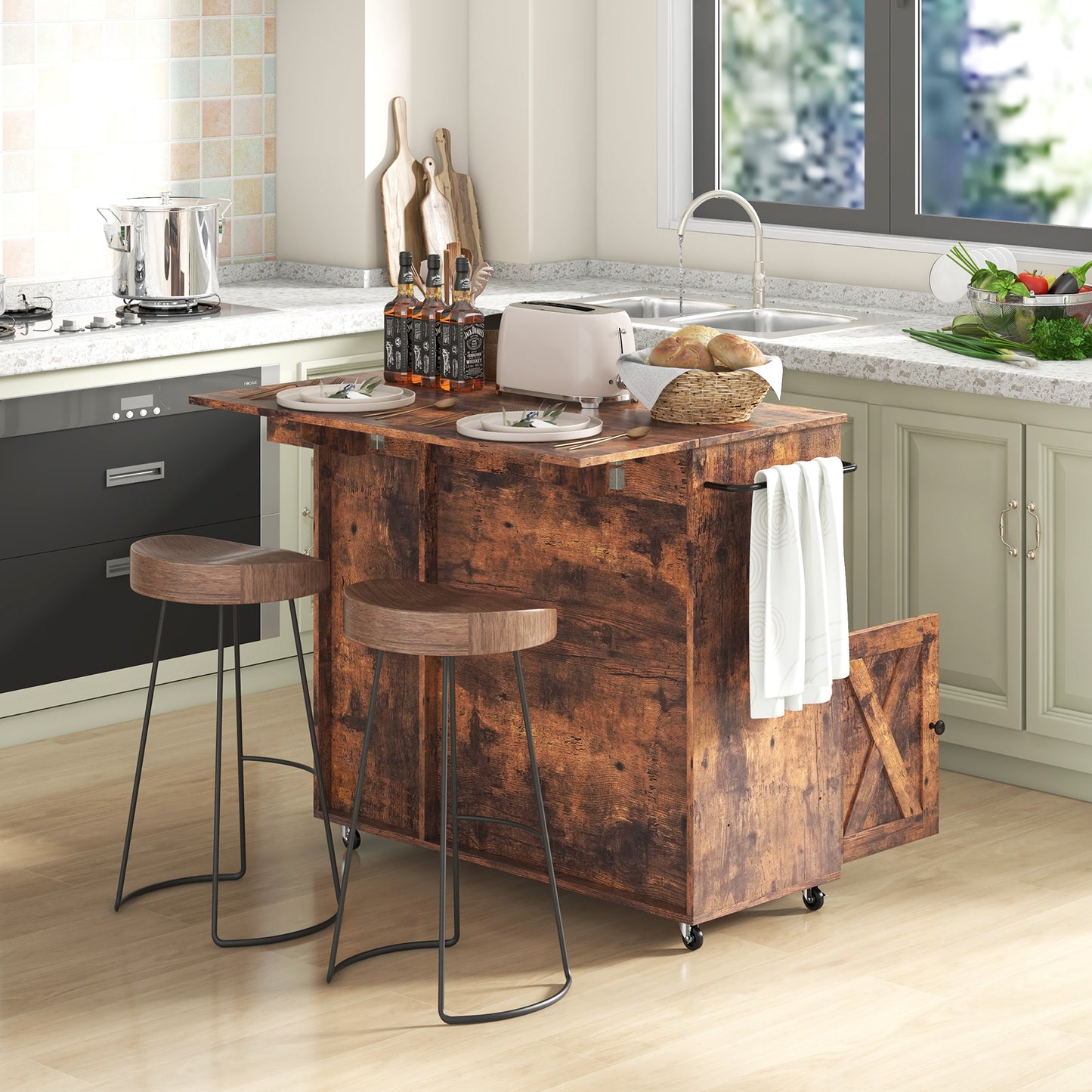 Mobile Kitchen Island Cart with Expandable Drop Leaf and Built-In Wine Storage