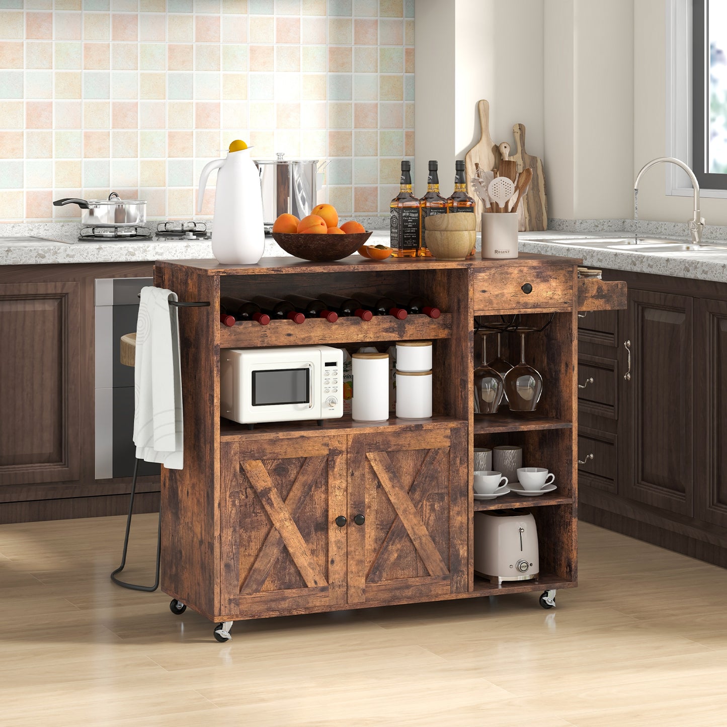 Mobile Kitchen Island Cart with Expandable Drop Leaf and Built-In Wine Storage