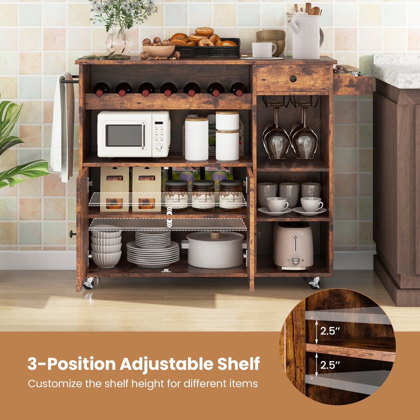 Mobile Kitchen Island Cart with Expandable Drop Leaf and Built-In Wine Storage