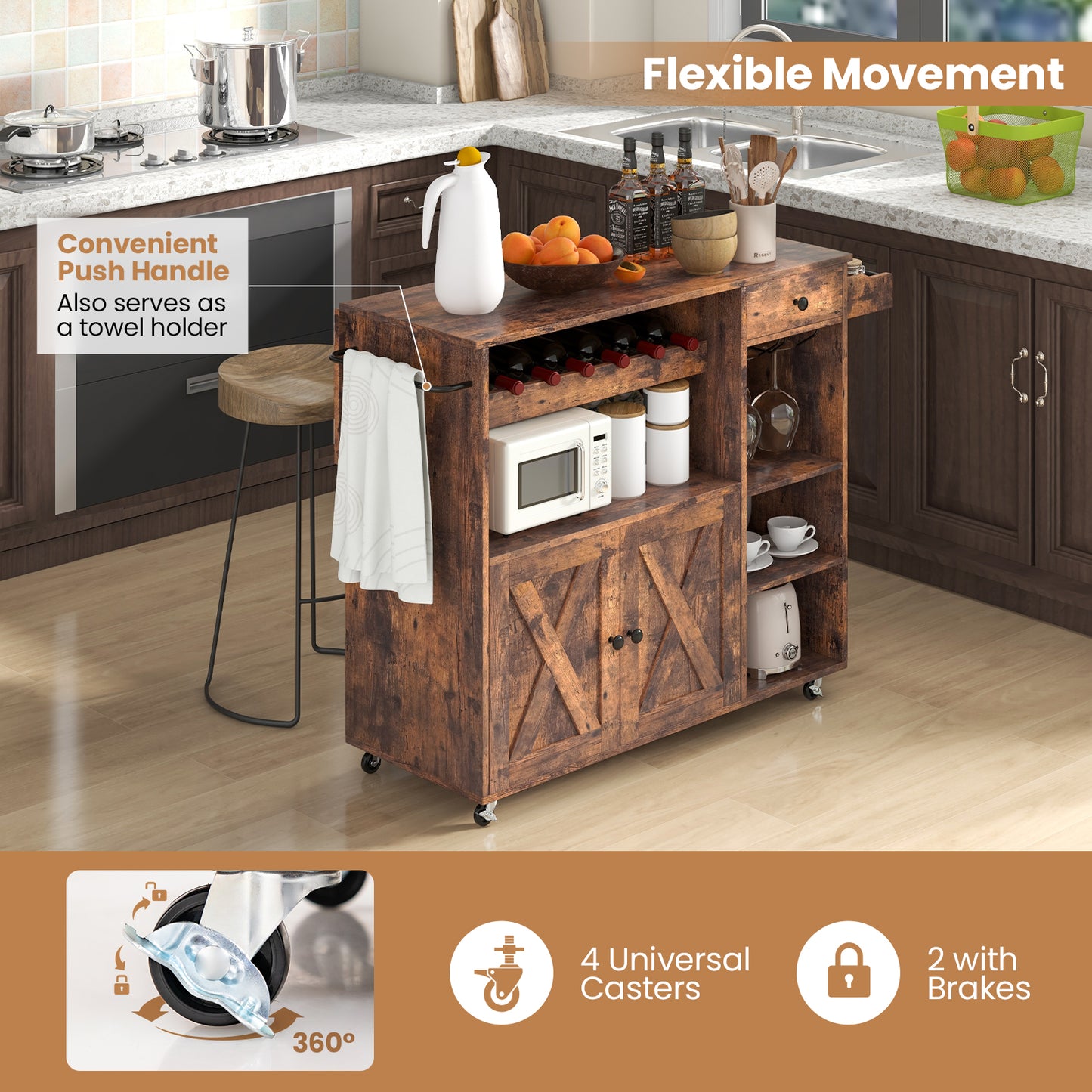 Mobile Kitchen Island Cart with Expandable Drop Leaf and Built-In Wine Storage