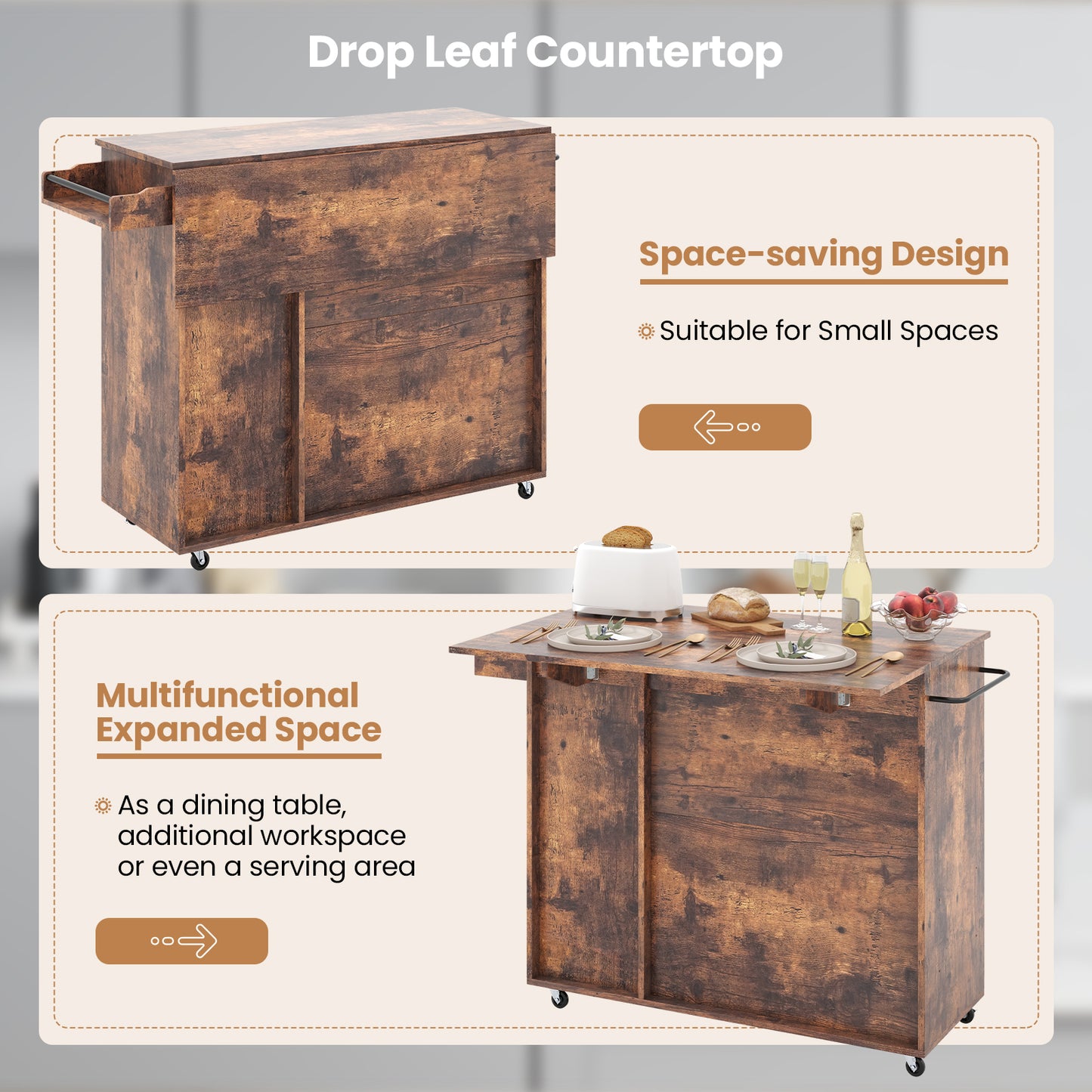 Mobile Kitchen Island Cart with Expandable Drop Leaf and Built-In Wine Storage