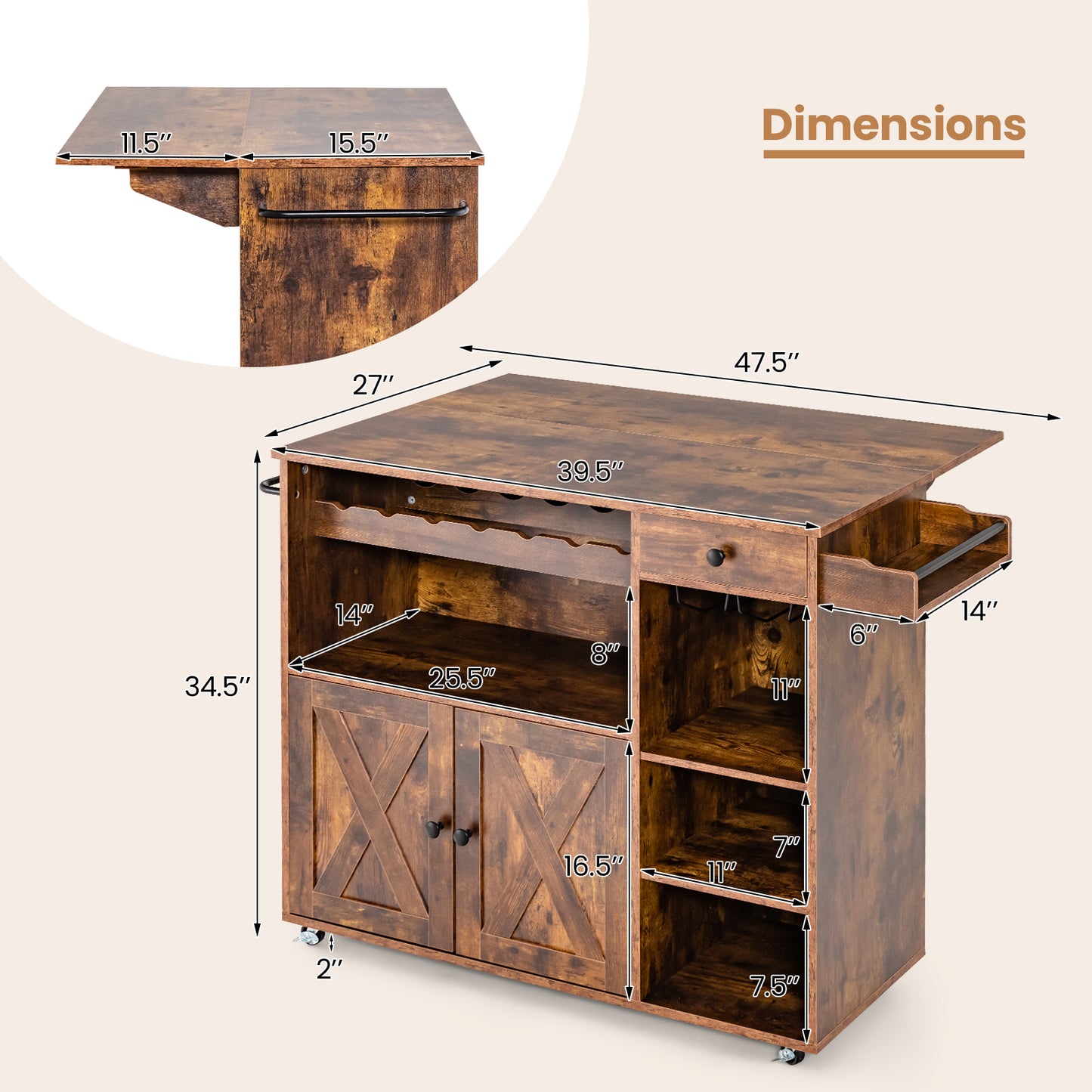Mobile Kitchen Island Cart with Expandable Drop Leaf and Built-In Wine Storage