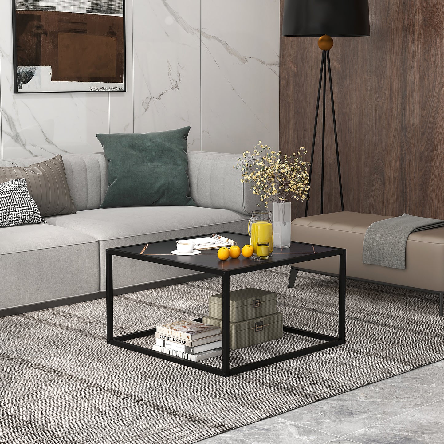 Chic Faux Marble Square Coffee Table with Steel Frame in Black Finish