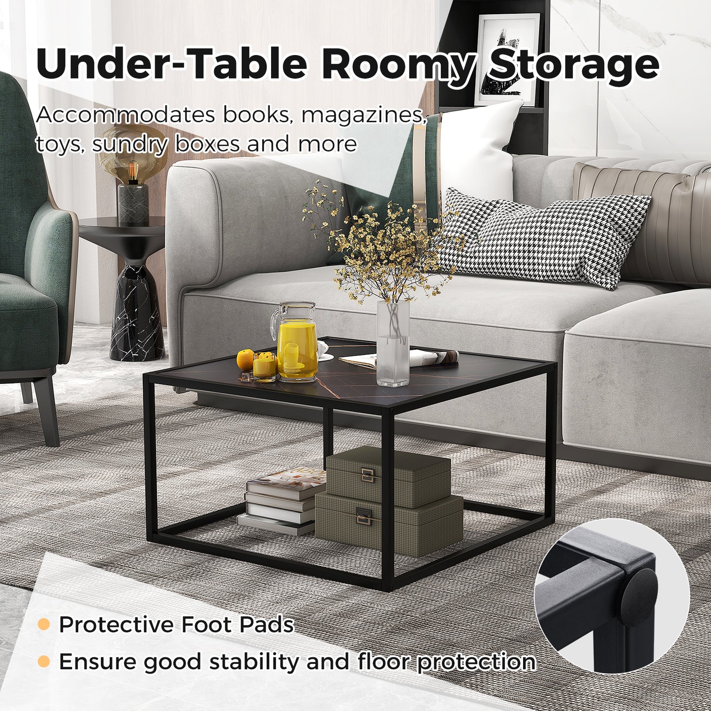 Chic Faux Marble Square Coffee Table with Steel Frame in Black Finish