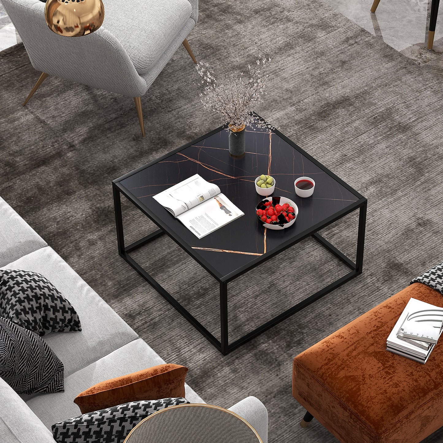 Chic Faux Marble Square Coffee Table with Steel Frame in Black Finish