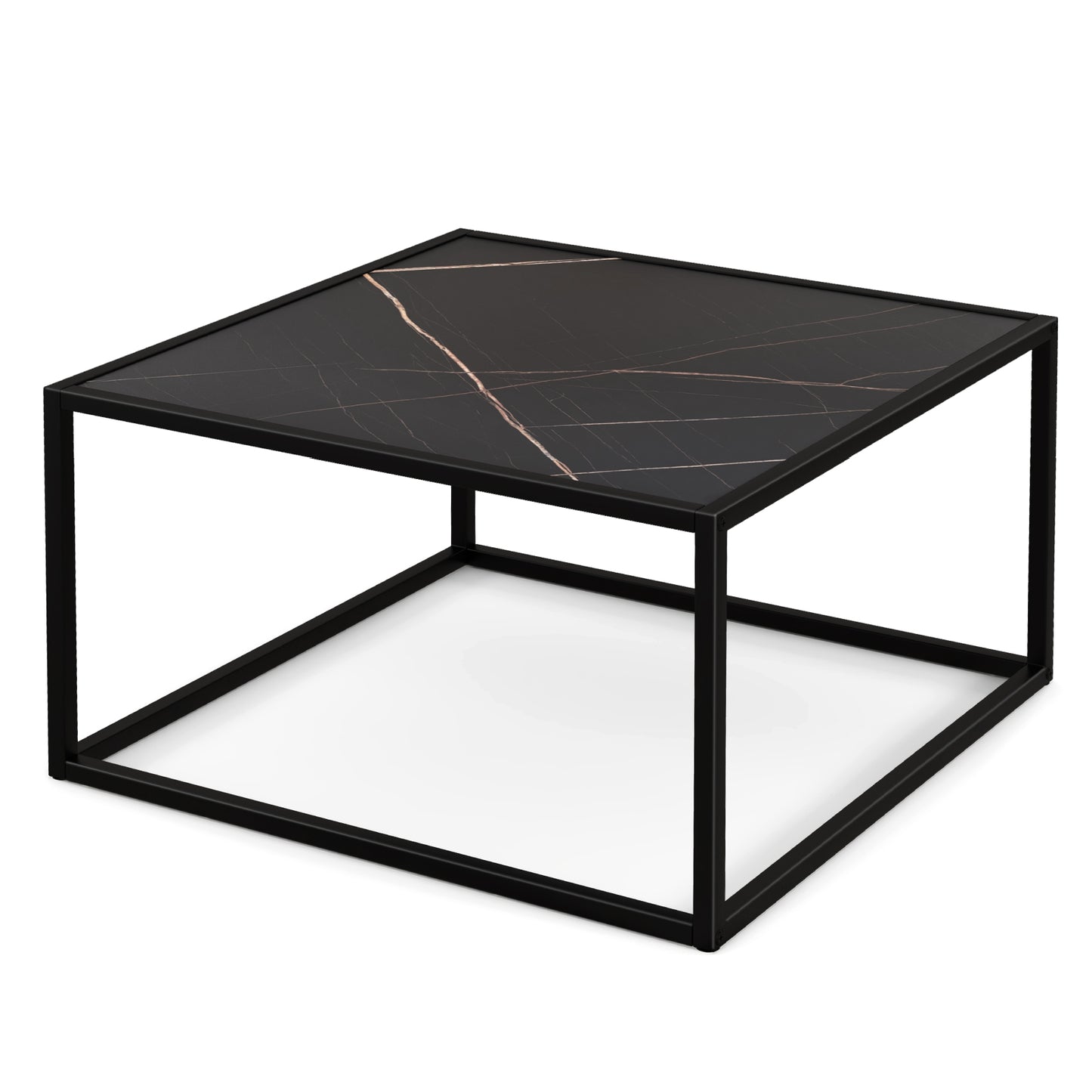 Chic Faux Marble Square Coffee Table with Steel Frame in Black Finish
