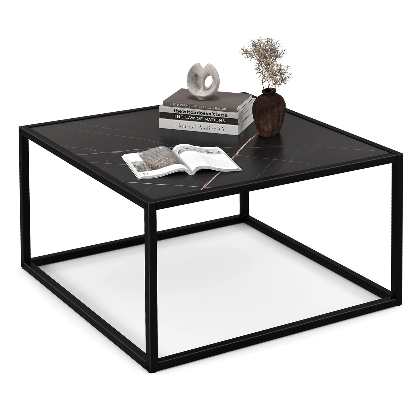 Chic Faux Marble Square Coffee Table with Steel Frame in Black Finish