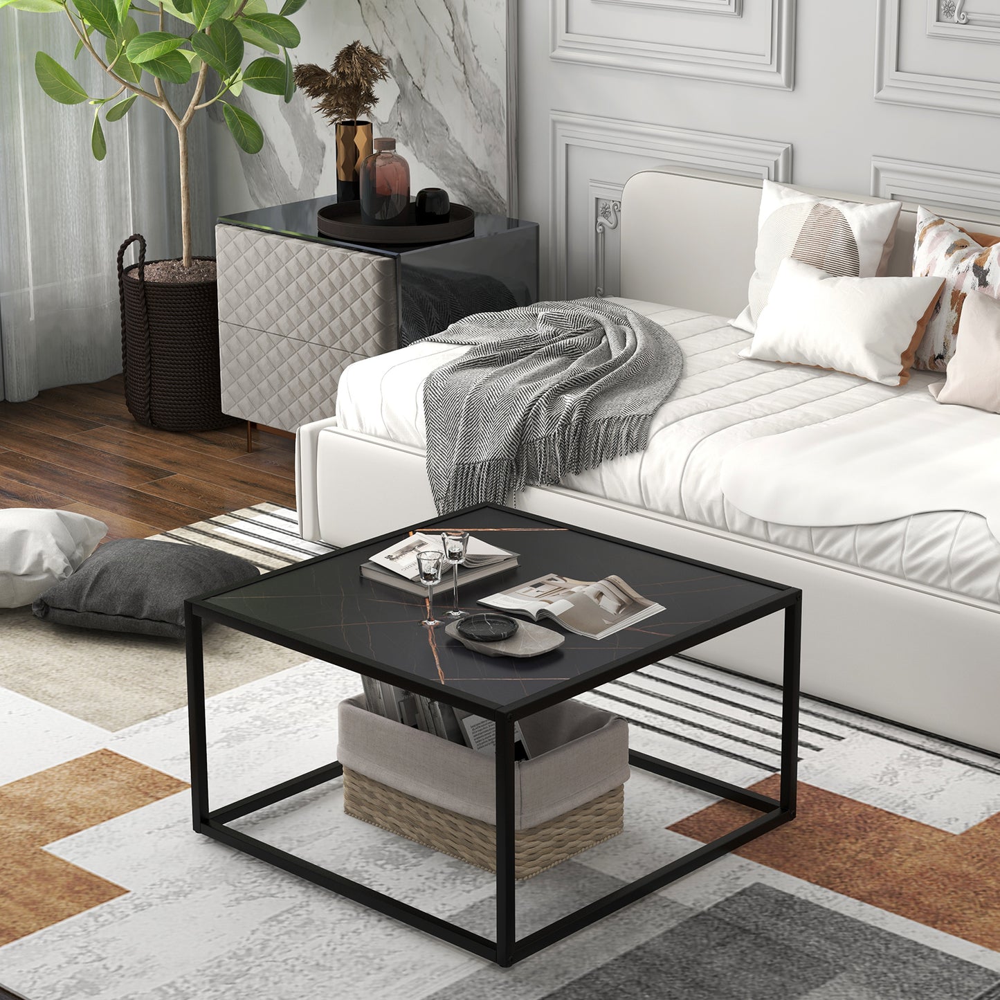 Chic Faux Marble Square Coffee Table with Steel Frame in Black Finish