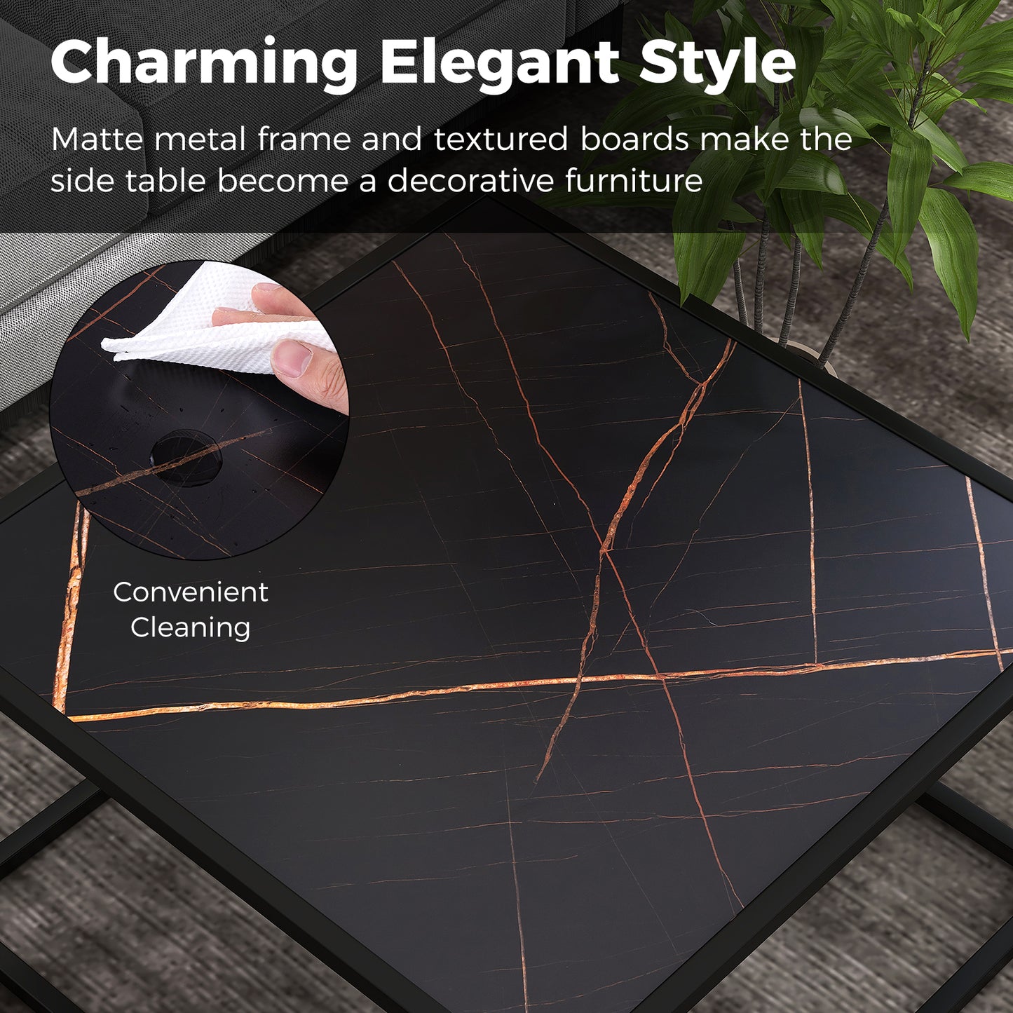 Chic Faux Marble Square Coffee Table with Steel Frame in Black Finish