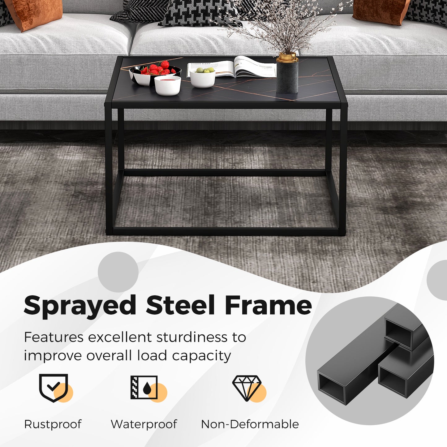 Chic Faux Marble Square Coffee Table with Steel Frame in Black Finish