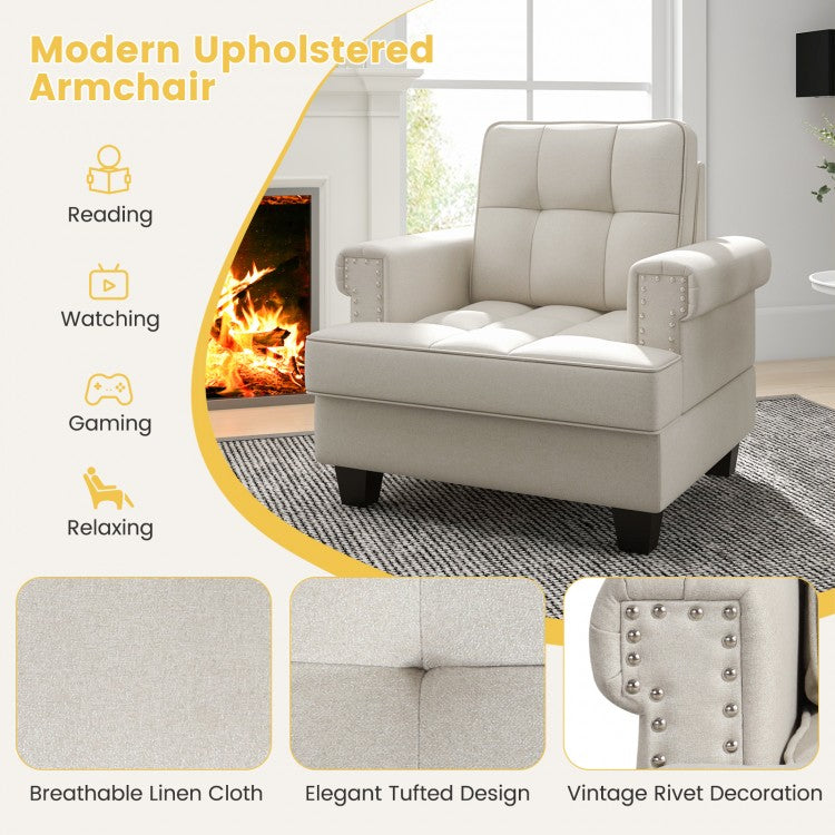 Tufted Linen Accent Chair with Plush Cushion and Mid-Century Modern Design, Beige