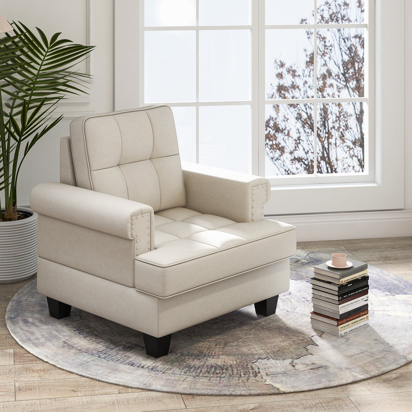 Tufted Linen Accent Chair with Plush Cushion and Mid-Century Modern Design, Beige