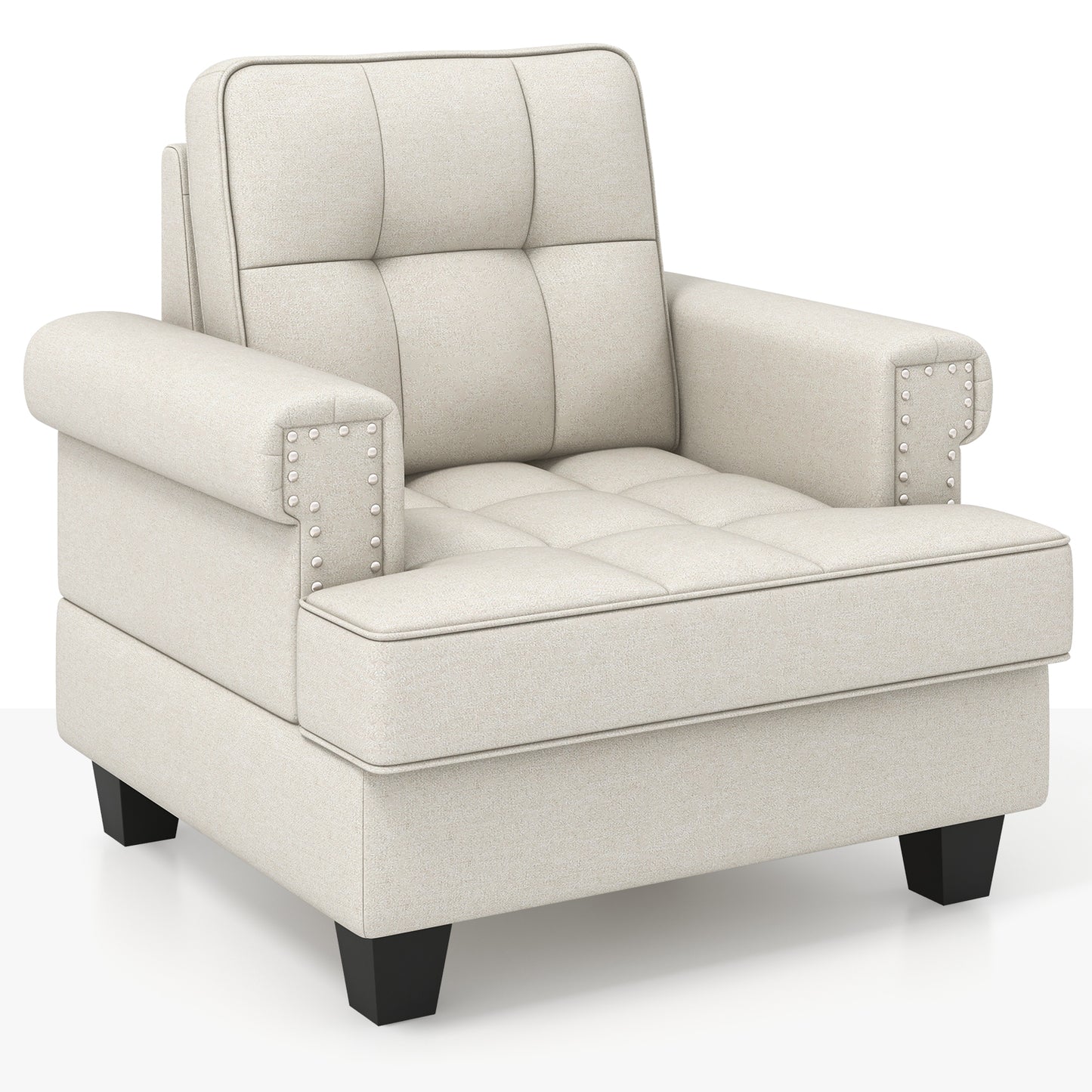 Tufted Linen Accent Chair with Plush Cushion and Mid-Century Modern Design, Beige