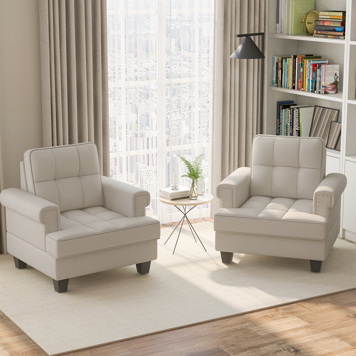 Tufted Linen Accent Chair with Plush Cushion and Mid-Century Modern Design, Beige
