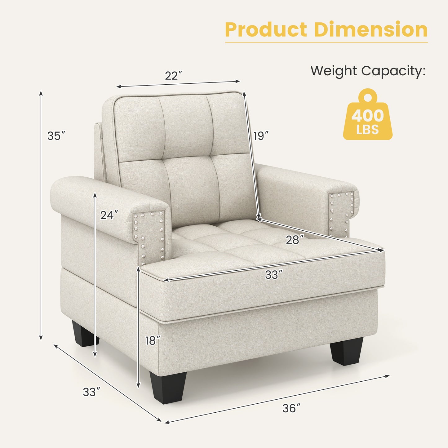 Tufted Linen Accent Chair with Plush Cushion and Mid-Century Modern Design, Beige