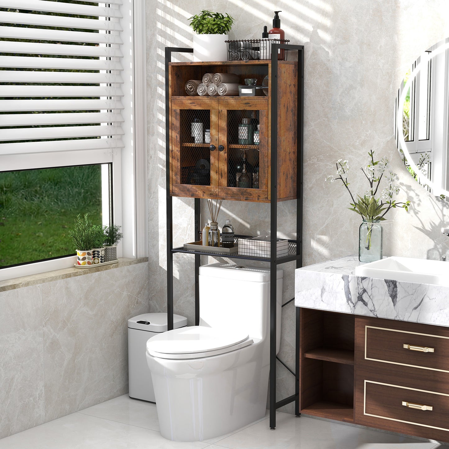 Freestanding Over-The-Toilet Storage Cabinet with Metal Frame and Adjustable Shelves