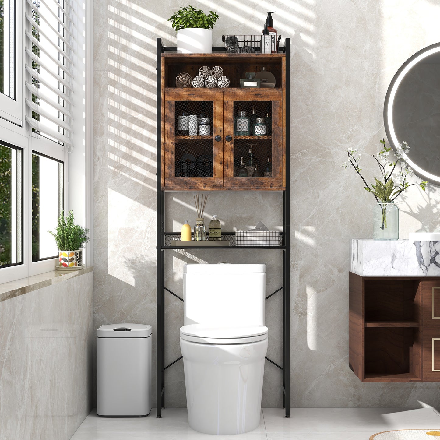 Freestanding Over-The-Toilet Storage Cabinet with Metal Frame and Adjustable Shelves