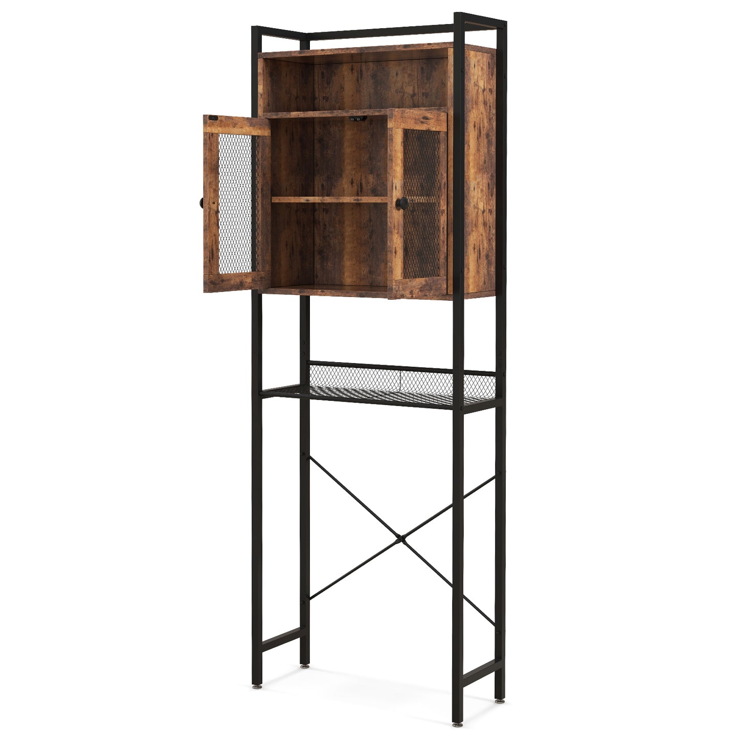 Freestanding Over-The-Toilet Storage Cabinet with Metal Frame and Adjustable Shelves