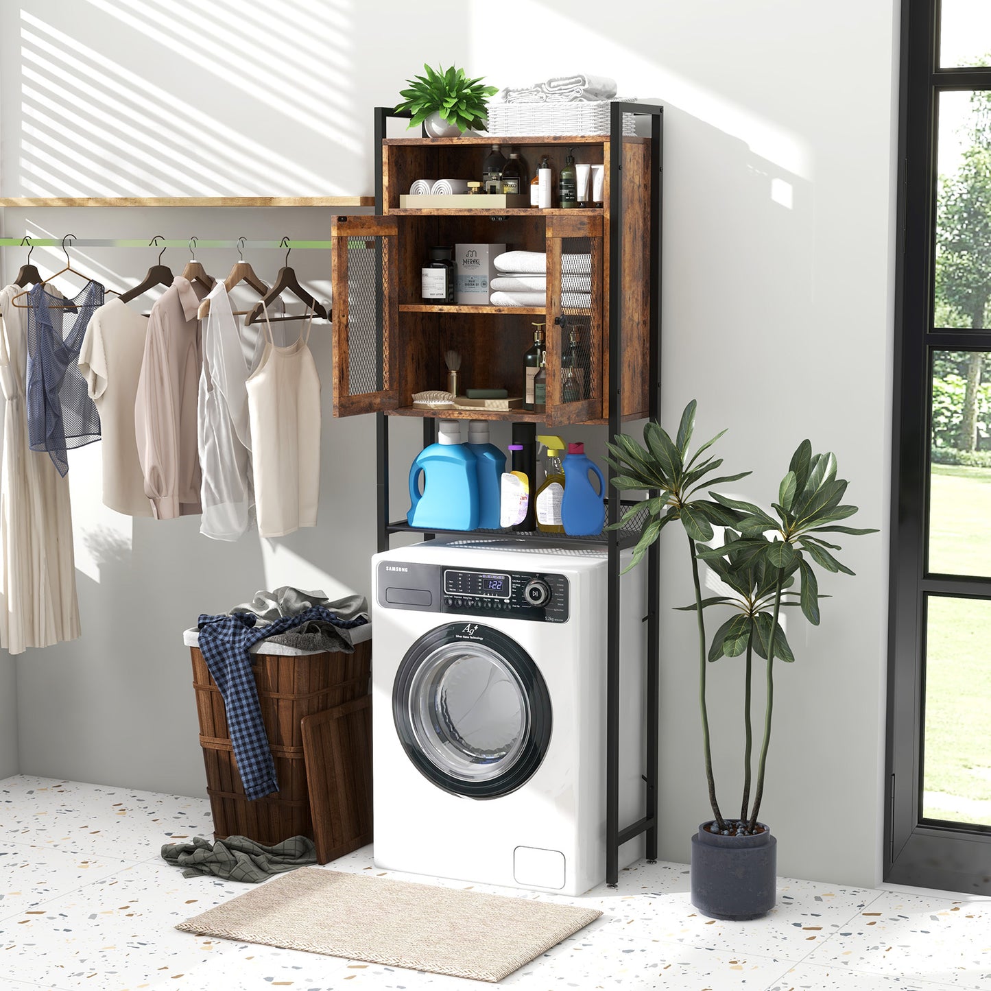Freestanding Over-The-Toilet Storage Cabinet with Metal Frame and Adjustable Shelves