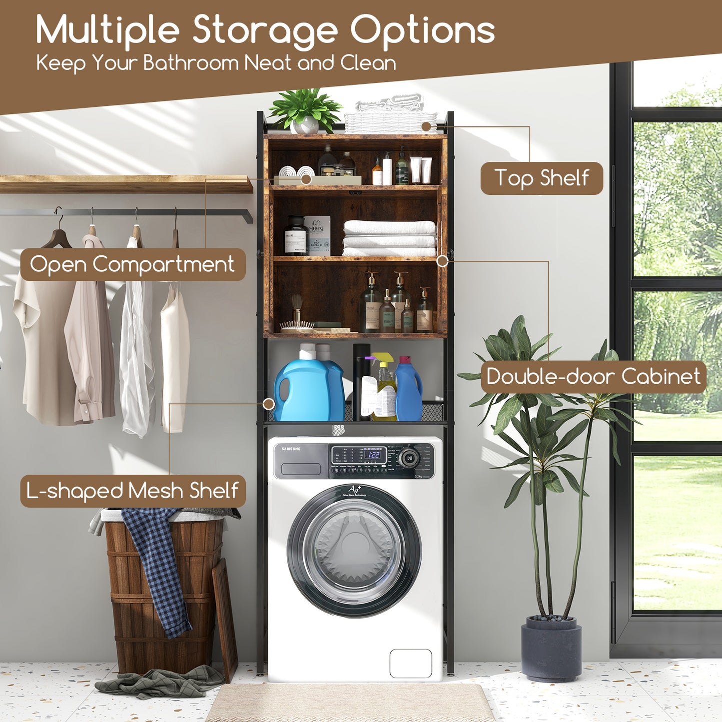Freestanding Over-The-Toilet Storage Cabinet with Metal Frame and Adjustable Shelves