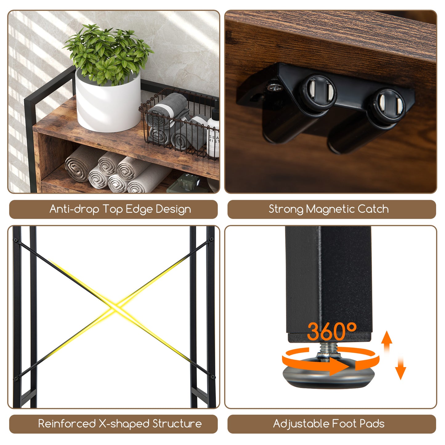 Freestanding Over-The-Toilet Storage Cabinet with Metal Frame and Adjustable Shelves