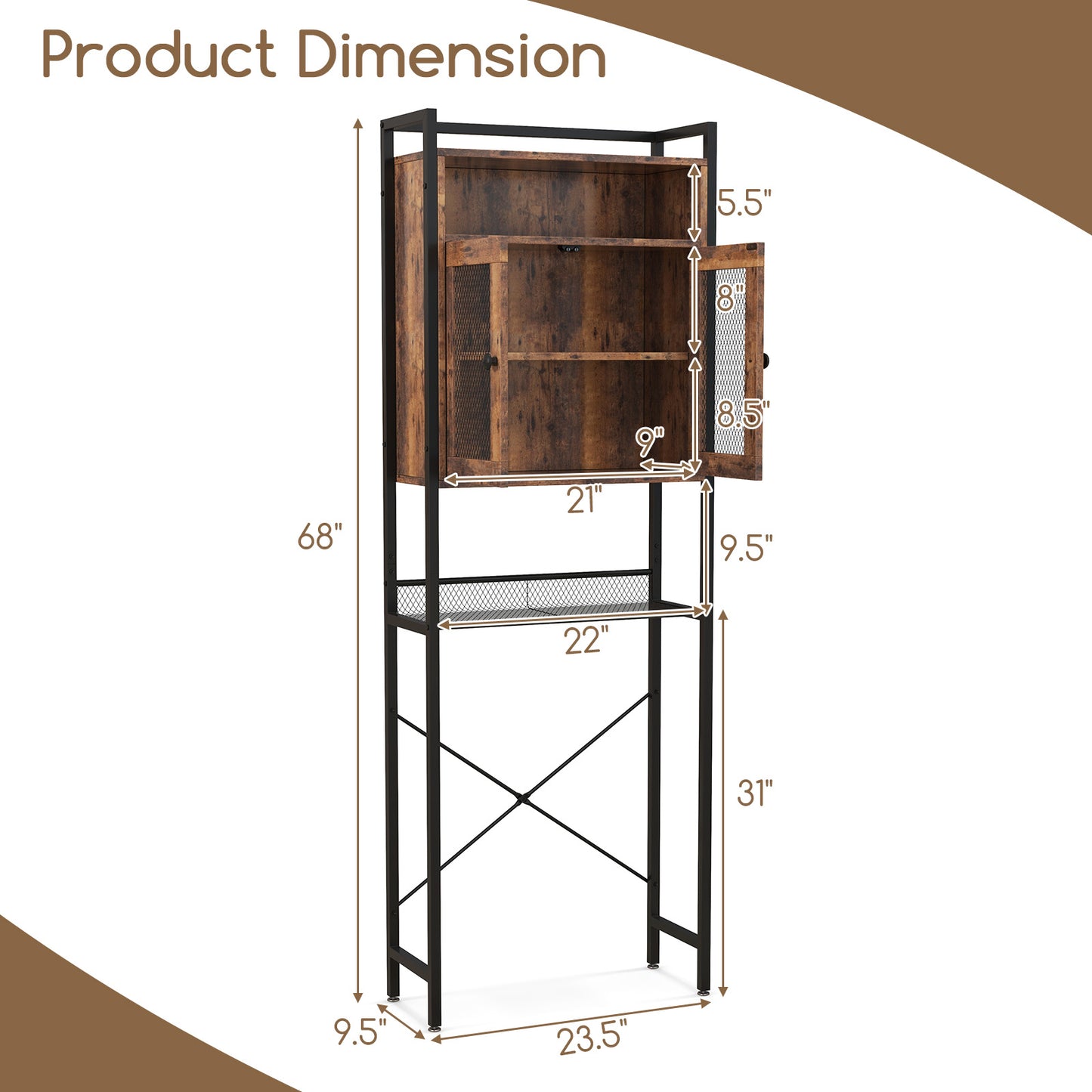 Freestanding Over-The-Toilet Storage Cabinet with Metal Frame and Adjustable Shelves