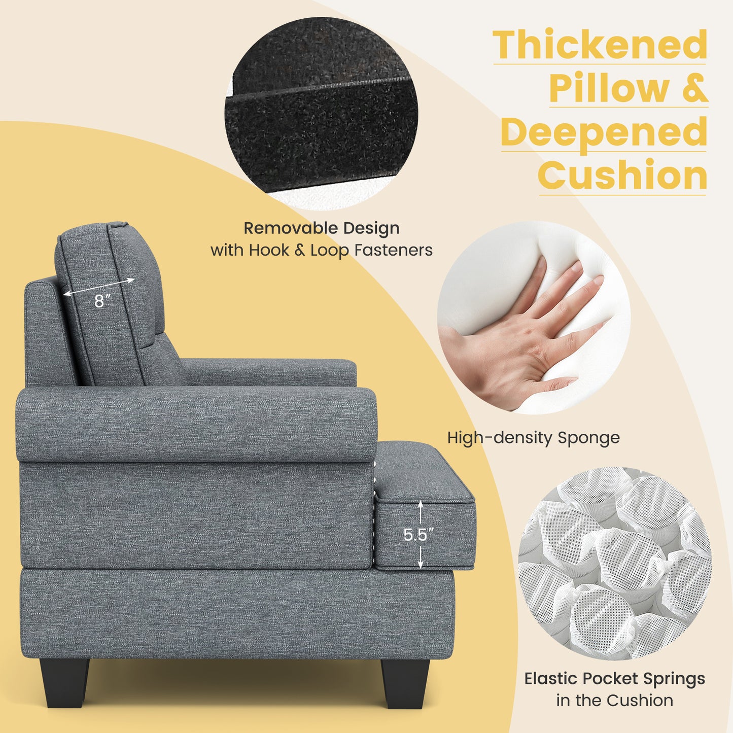 Tufted Linen Accent Chair with Plush Cushion and Mid-Century Modern Design, Grey