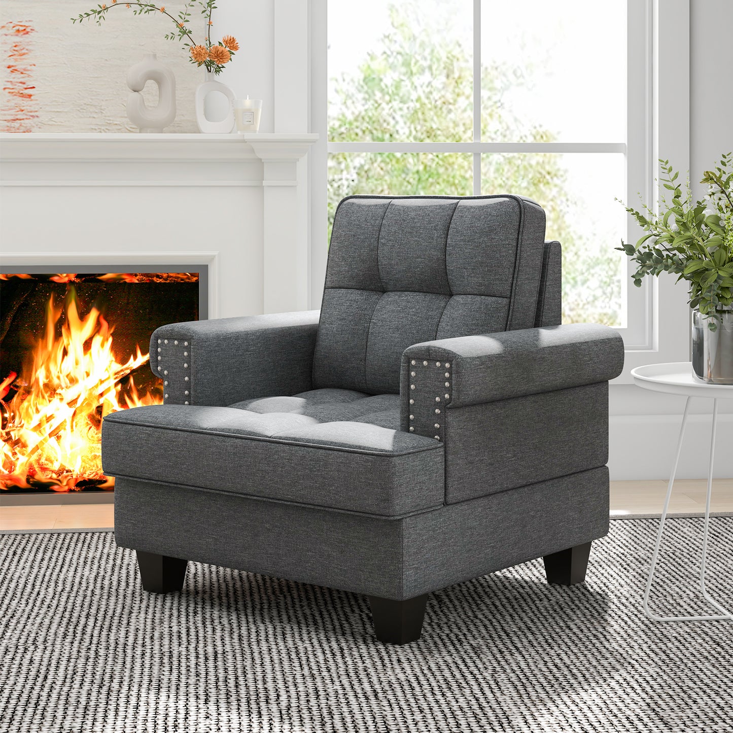 Tufted Linen Accent Chair with Plush Cushion and Mid-Century Modern Design, Grey