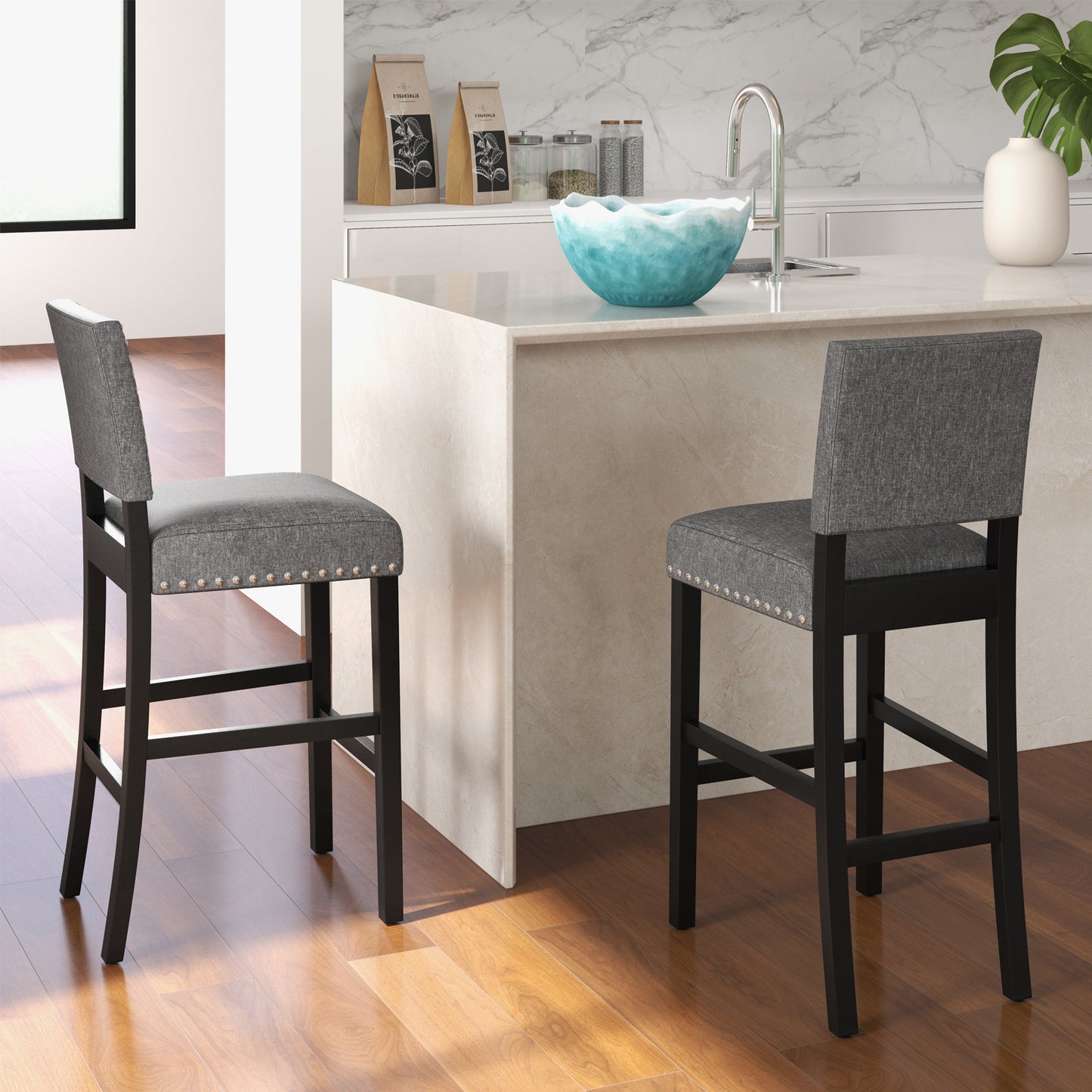 Set of 2 Counter Height Bar Stools with Solid Rubber Wood Frame - 43.5 Inch