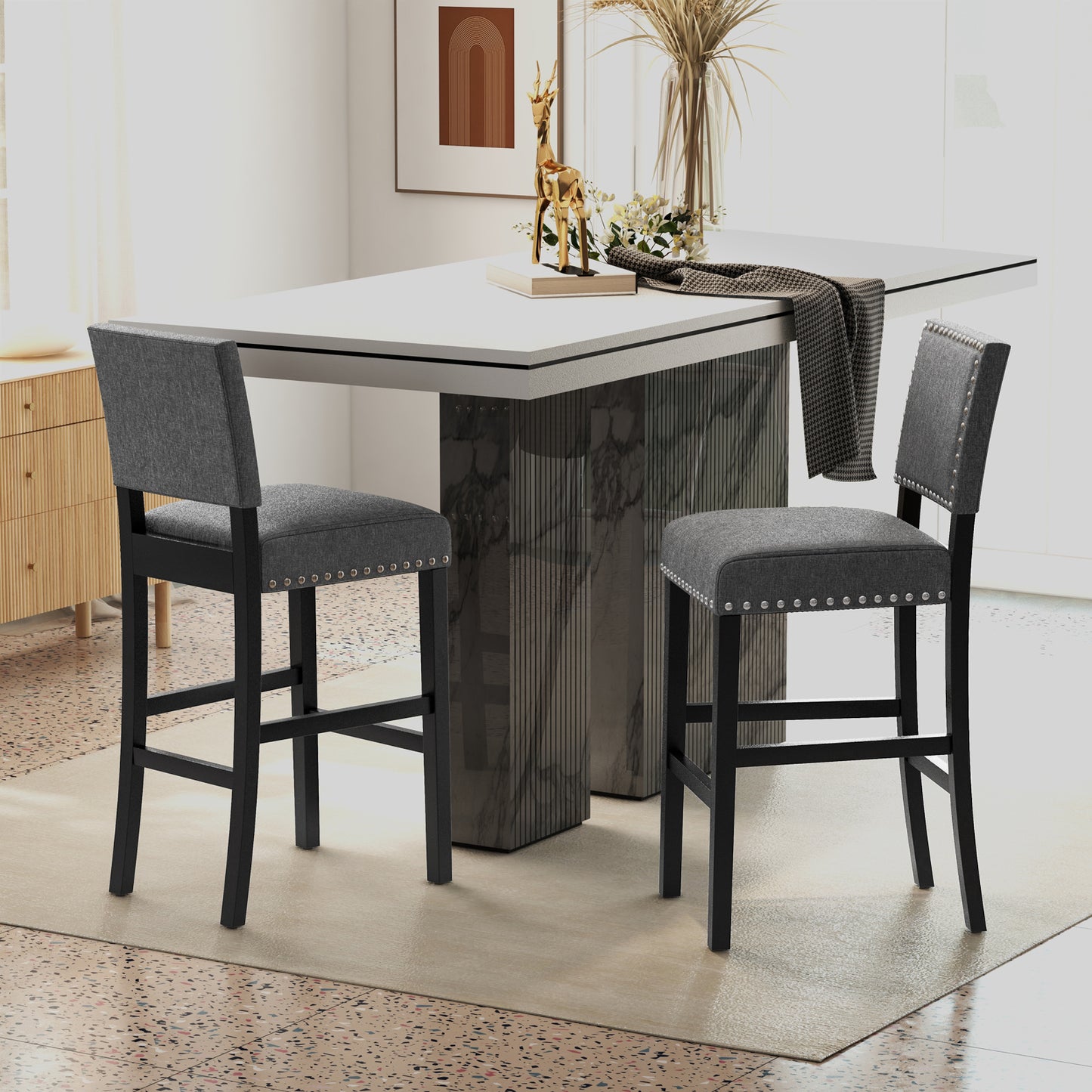 Set of 2 Counter Height Bar Stools with Solid Rubber Wood Frame - 43.5 Inch