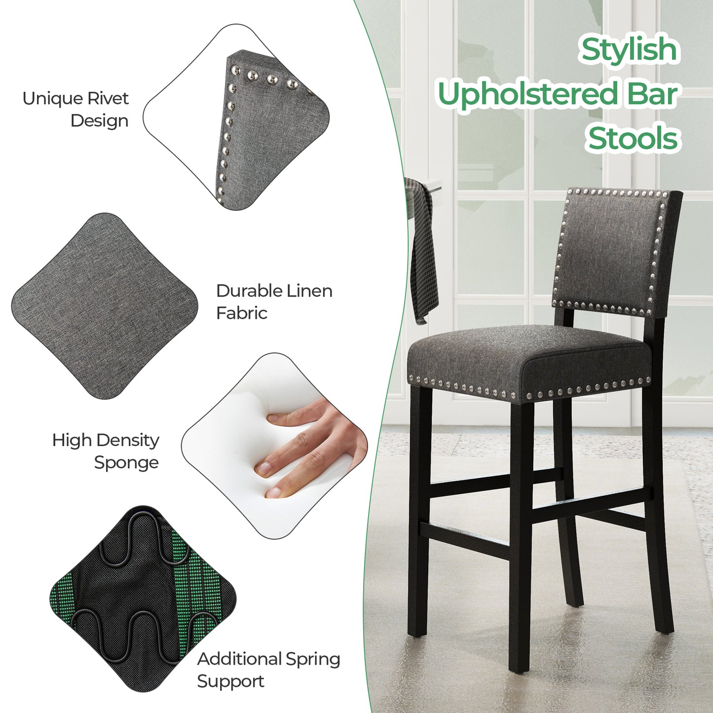 Set of 2 Counter Height Bar Stools with Solid Rubber Wood Frame - 43.5 Inch