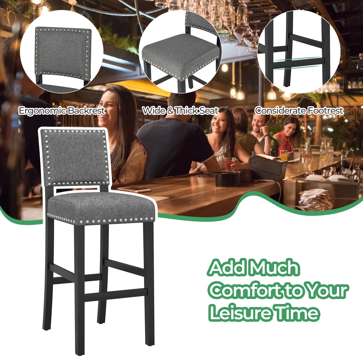 Set of 2 Counter Height Bar Stools with Solid Rubber Wood Frame - 43.5 Inch