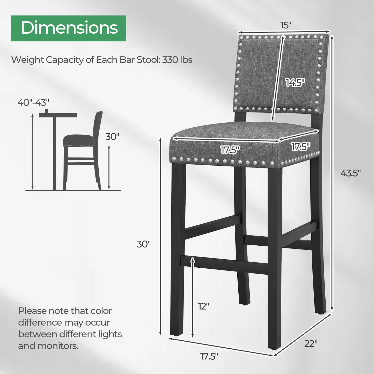 Set of 2 Counter Height Bar Stools with Solid Rubber Wood Frame - 43.5 Inch