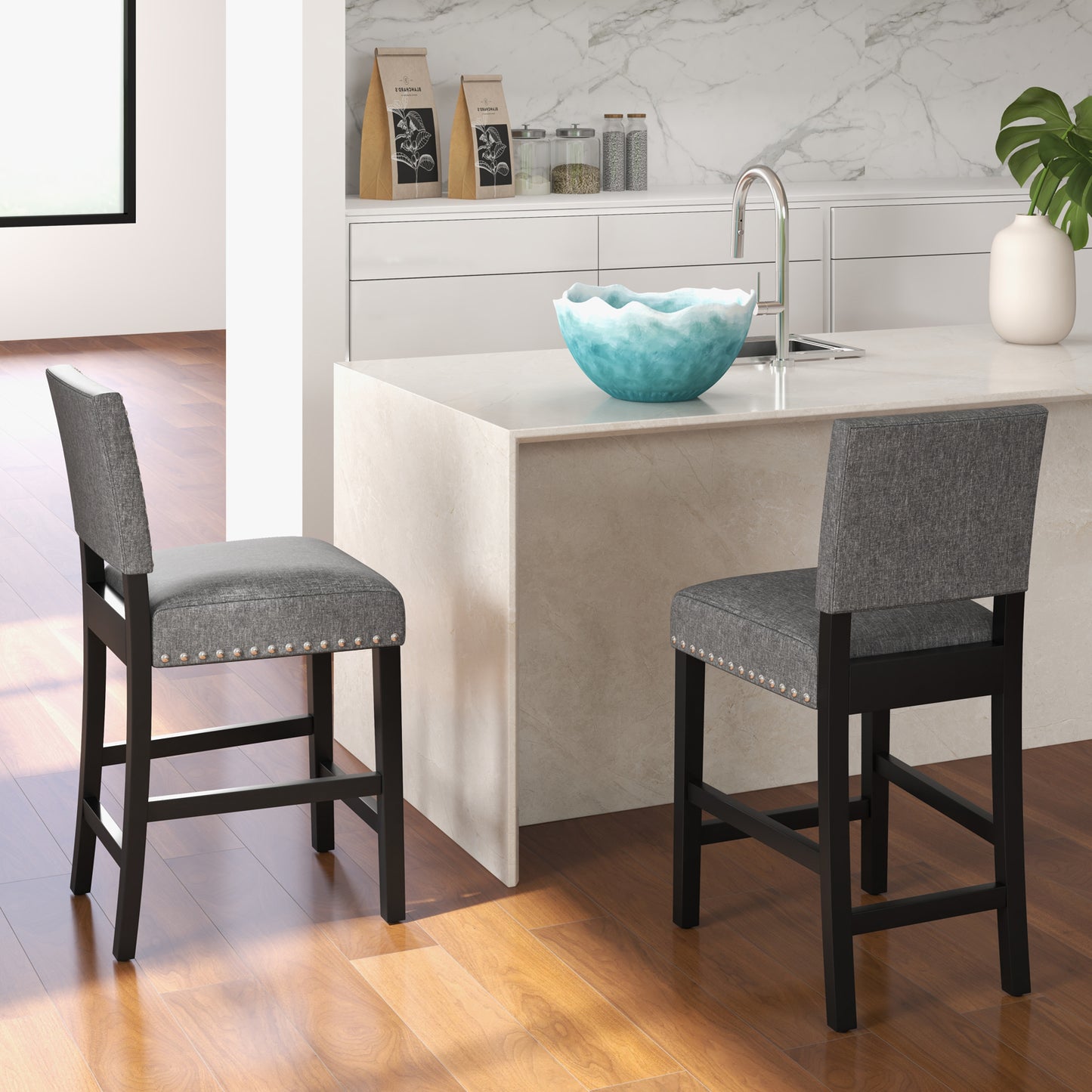 Set of 2 Counter Height Bar Stools with Solid Rubber Wood Frame - 38.5 Inch