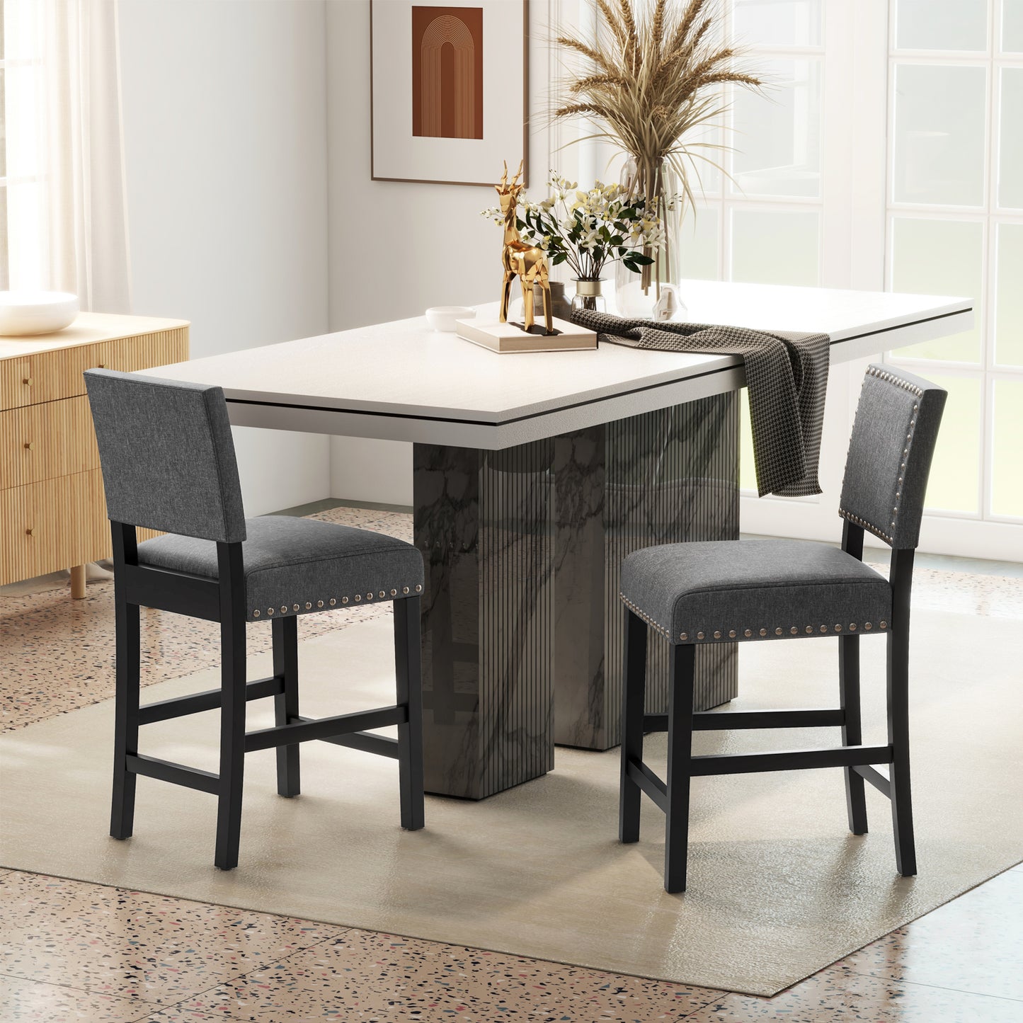 Set of 2 Counter Height Bar Stools with Solid Rubber Wood Frame - 38.5 Inch