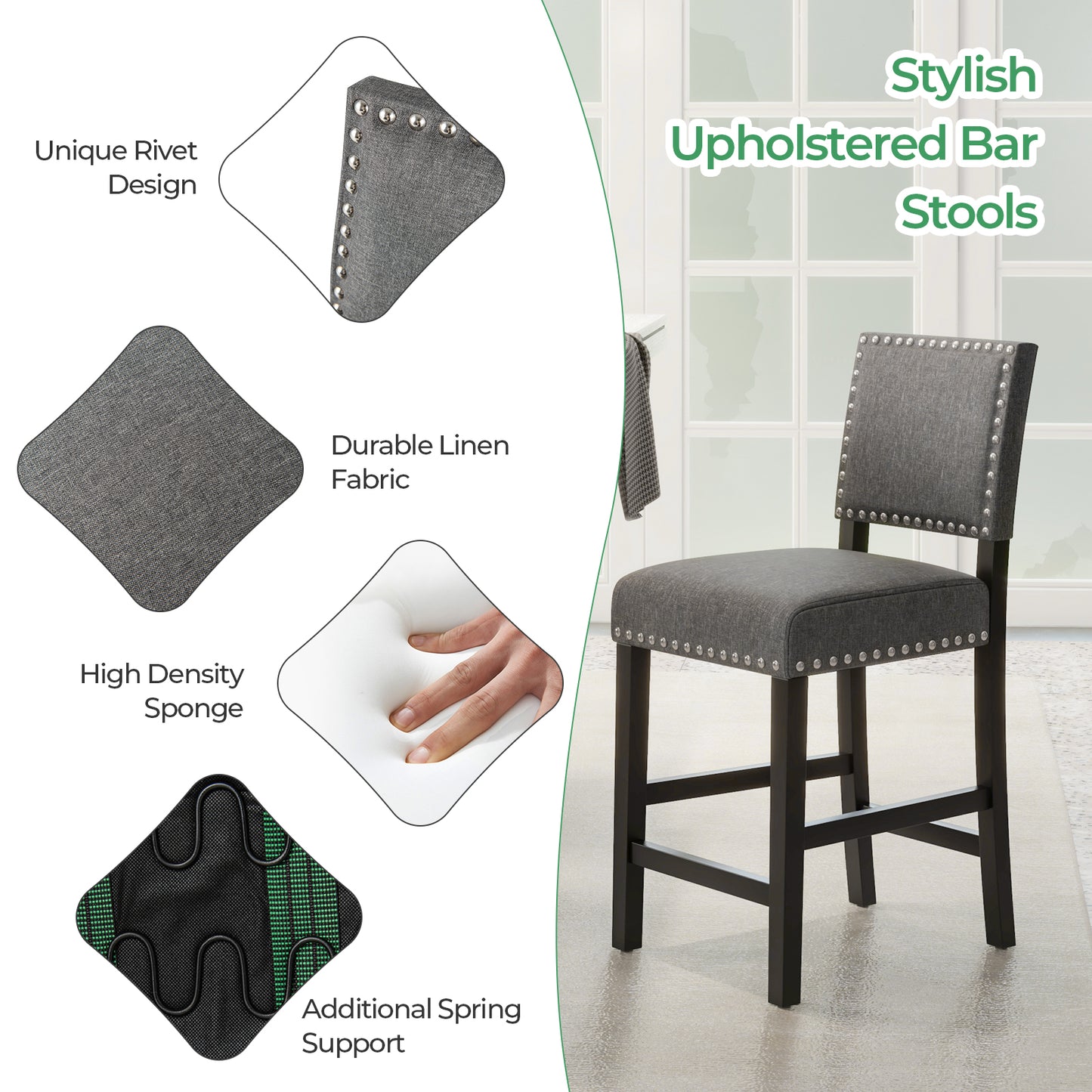 Set of 2 Counter Height Bar Stools with Solid Rubber Wood Frame - 38.5 Inch